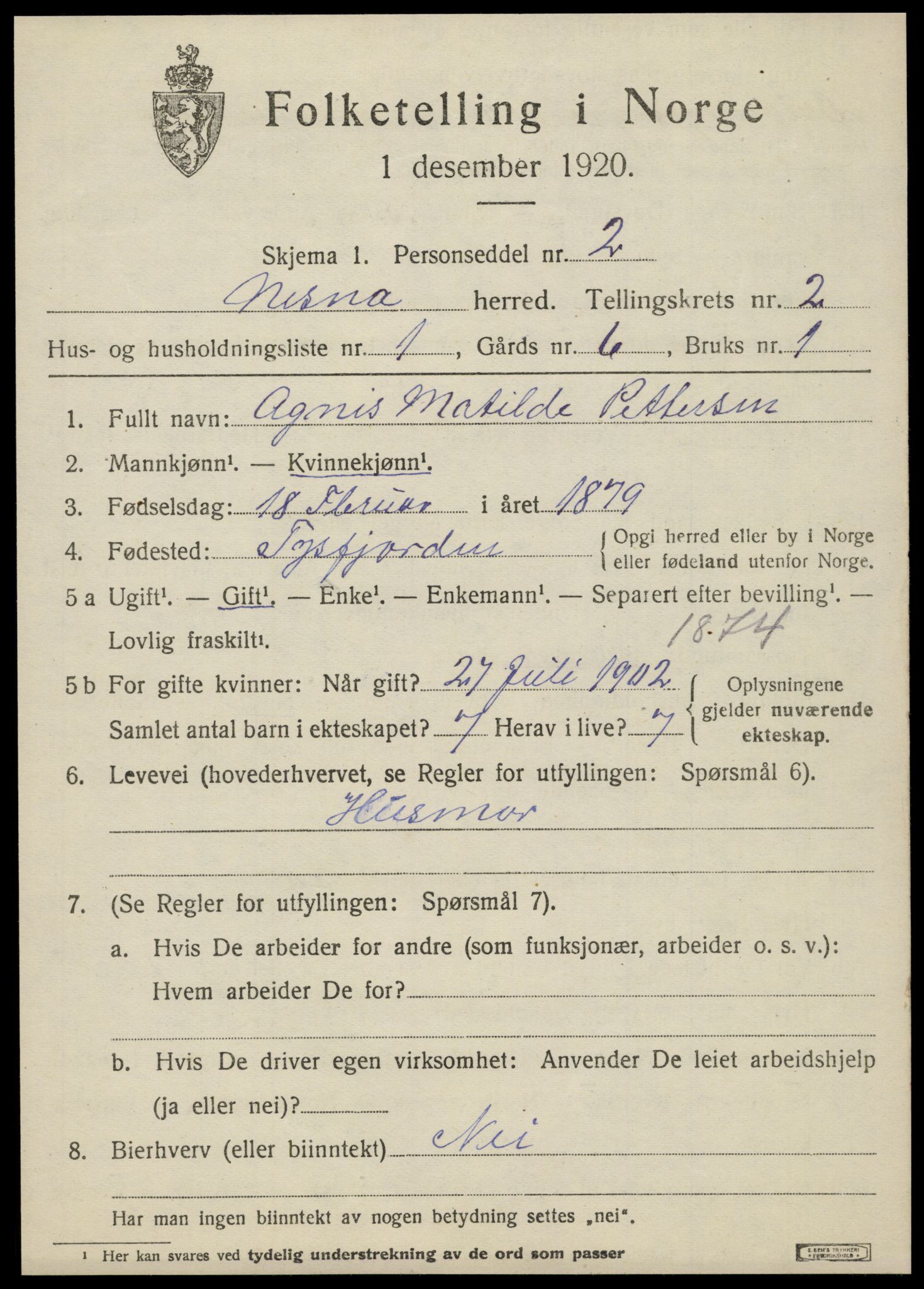 SAT, 1920 census for Nesna, 1920, p. 1729