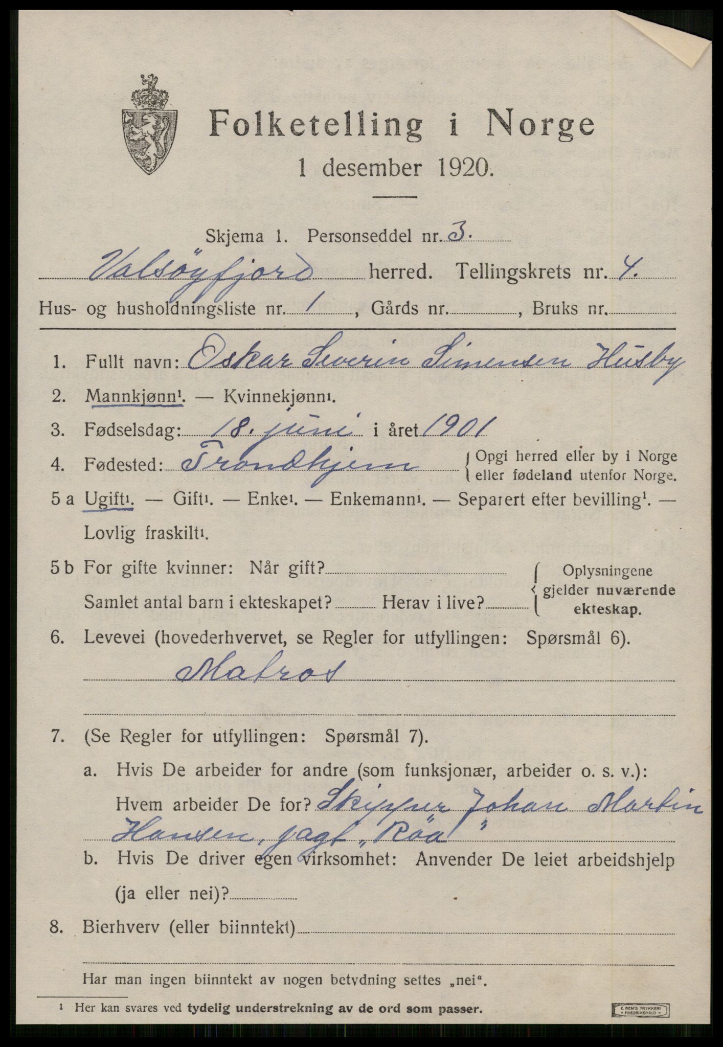 SAT, 1920 census for Valsøyfjord, 1920, p. 1523