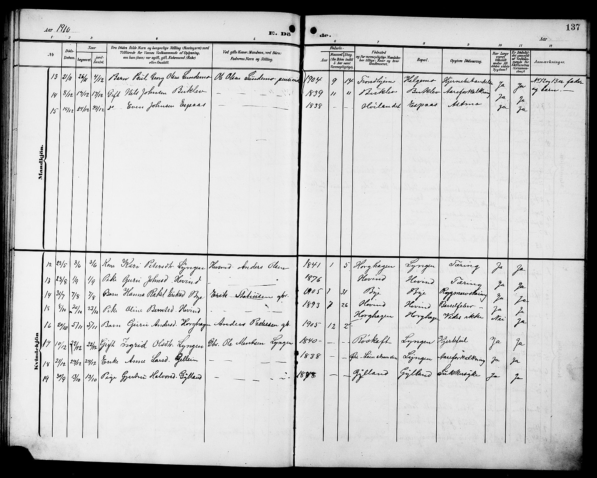 Ministerialprotokoller, klokkerbøker og fødselsregistre - Sør-Trøndelag, SAT/A-1456/692/L1112: Parish register (copy) no. 692C07, 1904-1918, p. 137