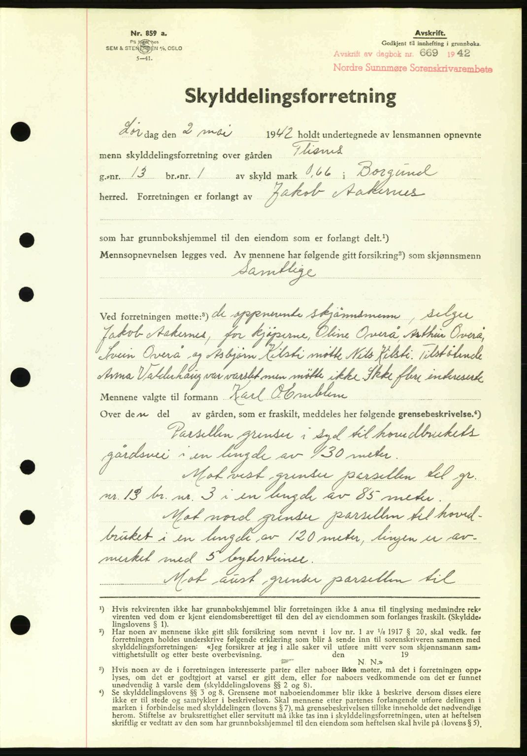 Nordre Sunnmøre sorenskriveri, AV/SAT-A-0006/1/2/2C/2Ca: Mortgage book no. A13, 1942-1942, Diary no: : 669/1942