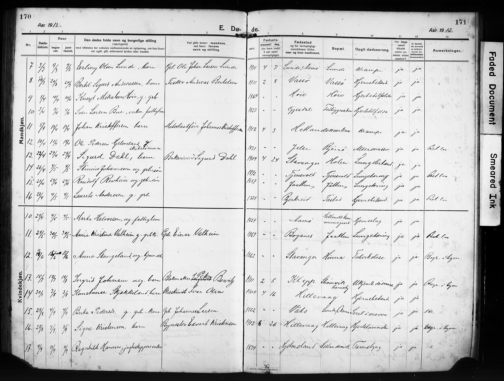 Hetland sokneprestkontor, AV/SAST-A-101826/30/30BB/L0009: Parish register (copy) no. B 9, 1910-1931, p. 170-171