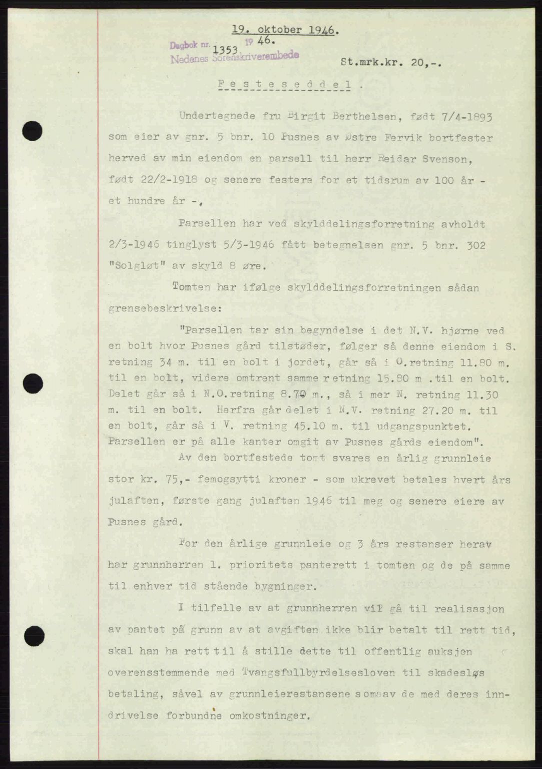 Nedenes sorenskriveri, AV/SAK-1221-0006/G/Gb/Gba/L0056: Mortgage book no. A8, 1946-1947, Diary no: : 1353/1946