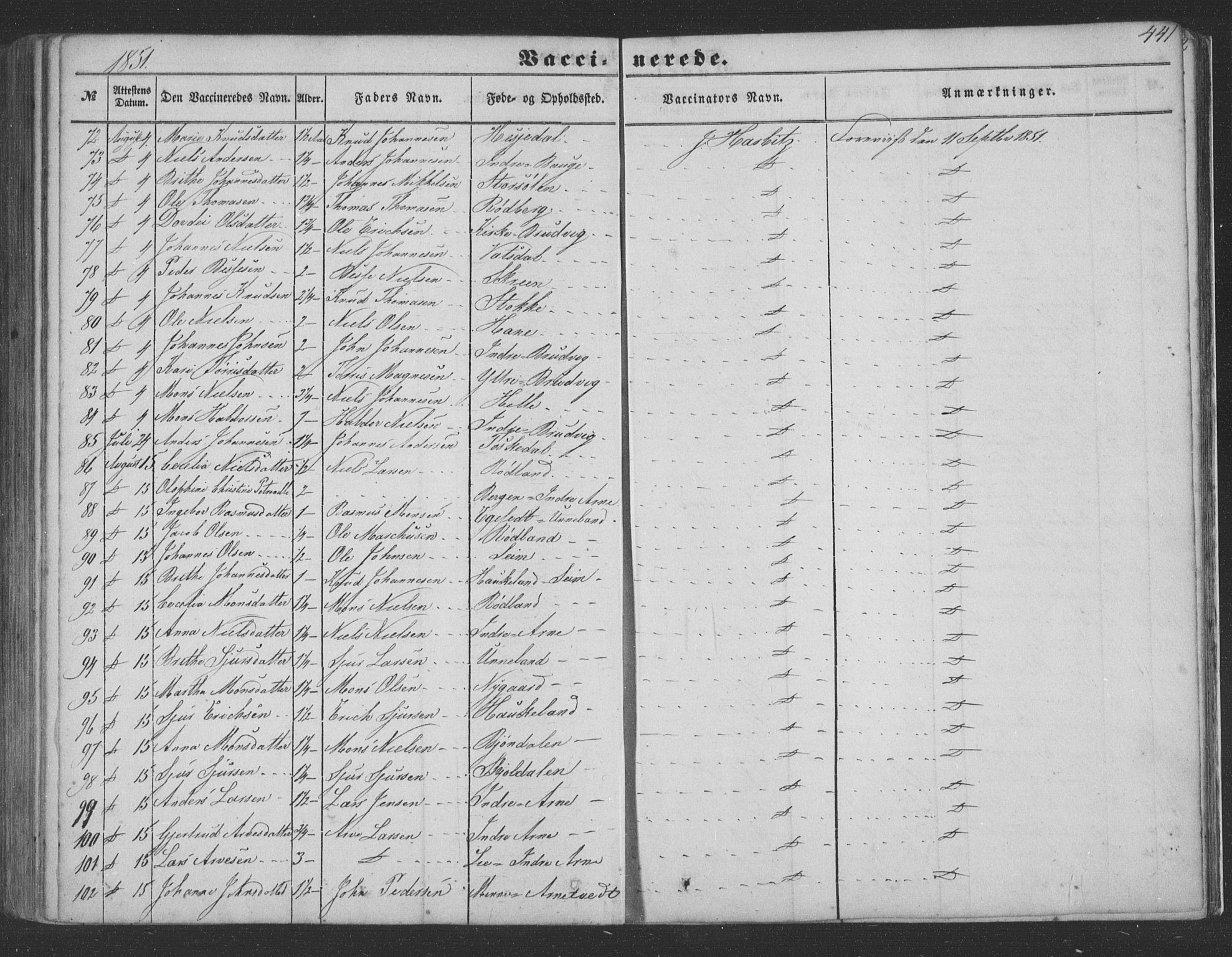 Haus sokneprestembete, AV/SAB-A-75601/H/Haa: Parish register (official) no. A 16 II, 1848-1857, p. 441