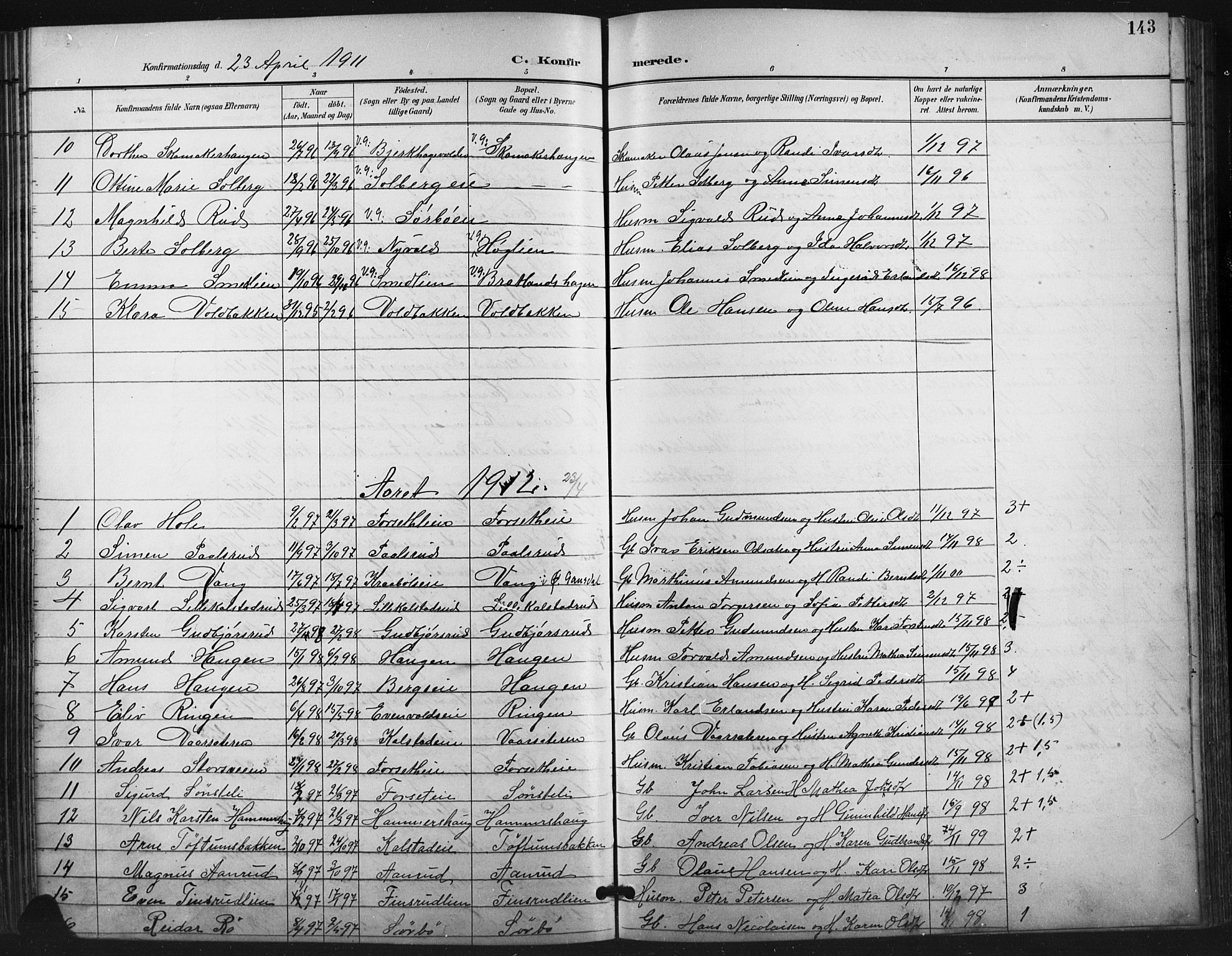 Vestre Gausdal prestekontor, SAH/PREST-094/H/Ha/Hab/L0003: Parish register (copy) no. 3, 1896-1925, p. 143