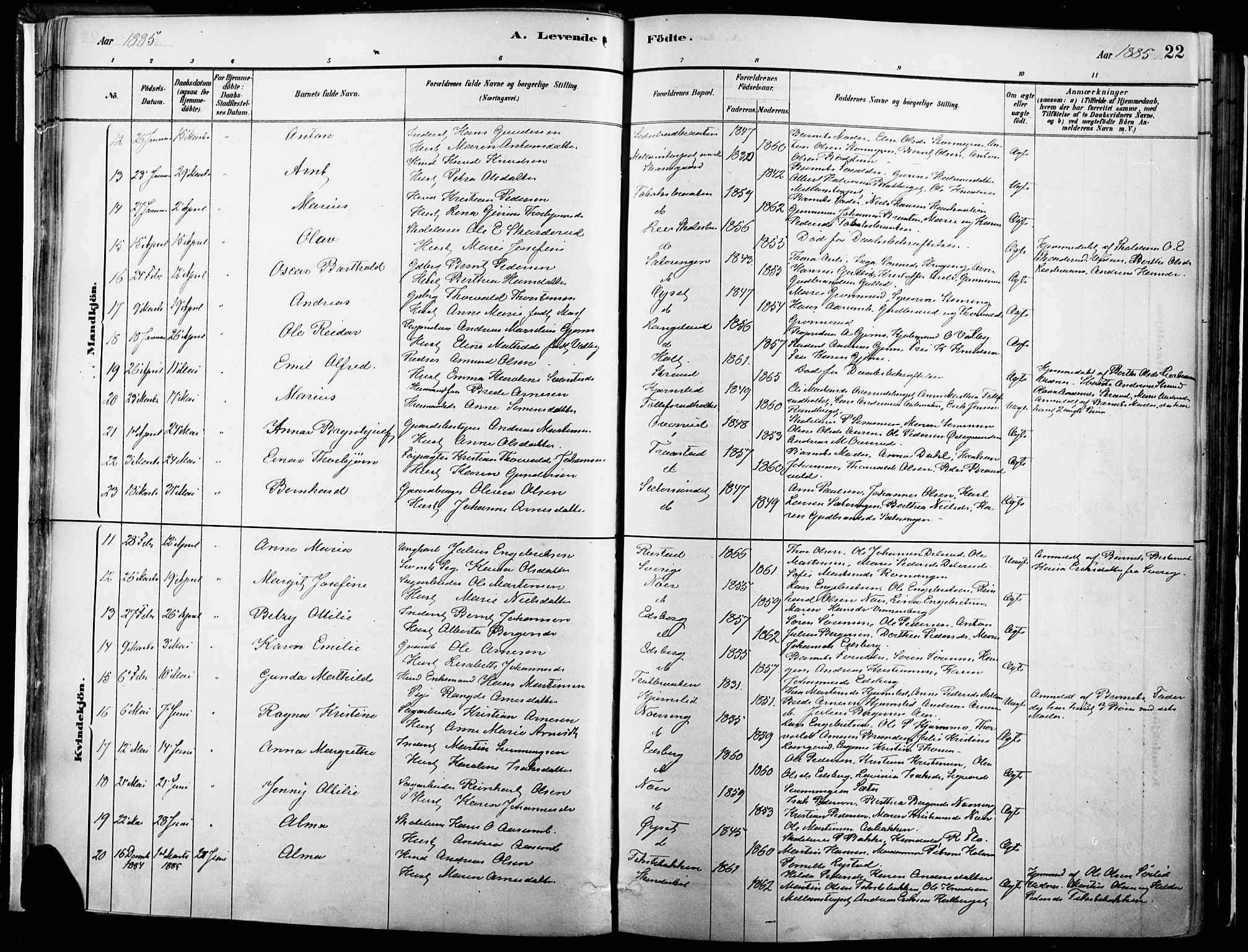 Vinger prestekontor, AV/SAH-PREST-024/H/Ha/Haa/L0014: Parish register (official) no. 14, 1881-1900, p. 22