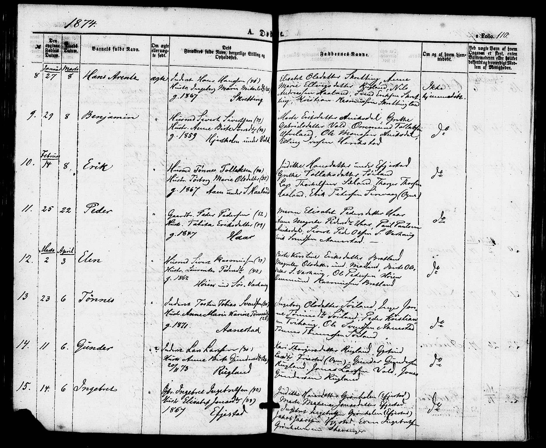 Hå sokneprestkontor, AV/SAST-A-101801/001/30BA/L0009: Parish register (official) no. A 8, 1855-1878, p. 110