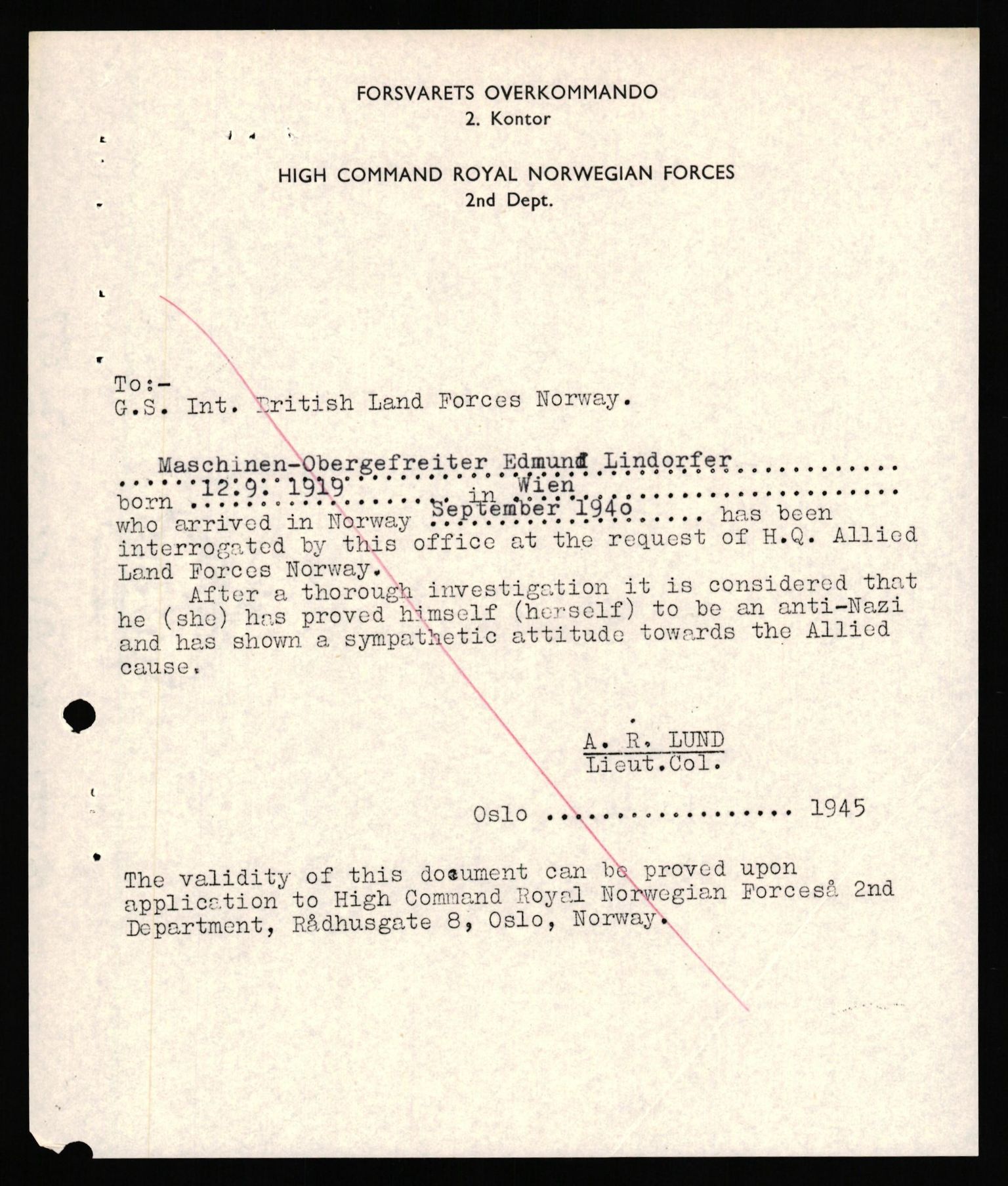 Forsvaret, Forsvarets overkommando II, AV/RA-RAFA-3915/D/Db/L0039: CI Questionaires. Tyske okkupasjonsstyrker i Norge. Østerrikere., 1945-1946, p. 330