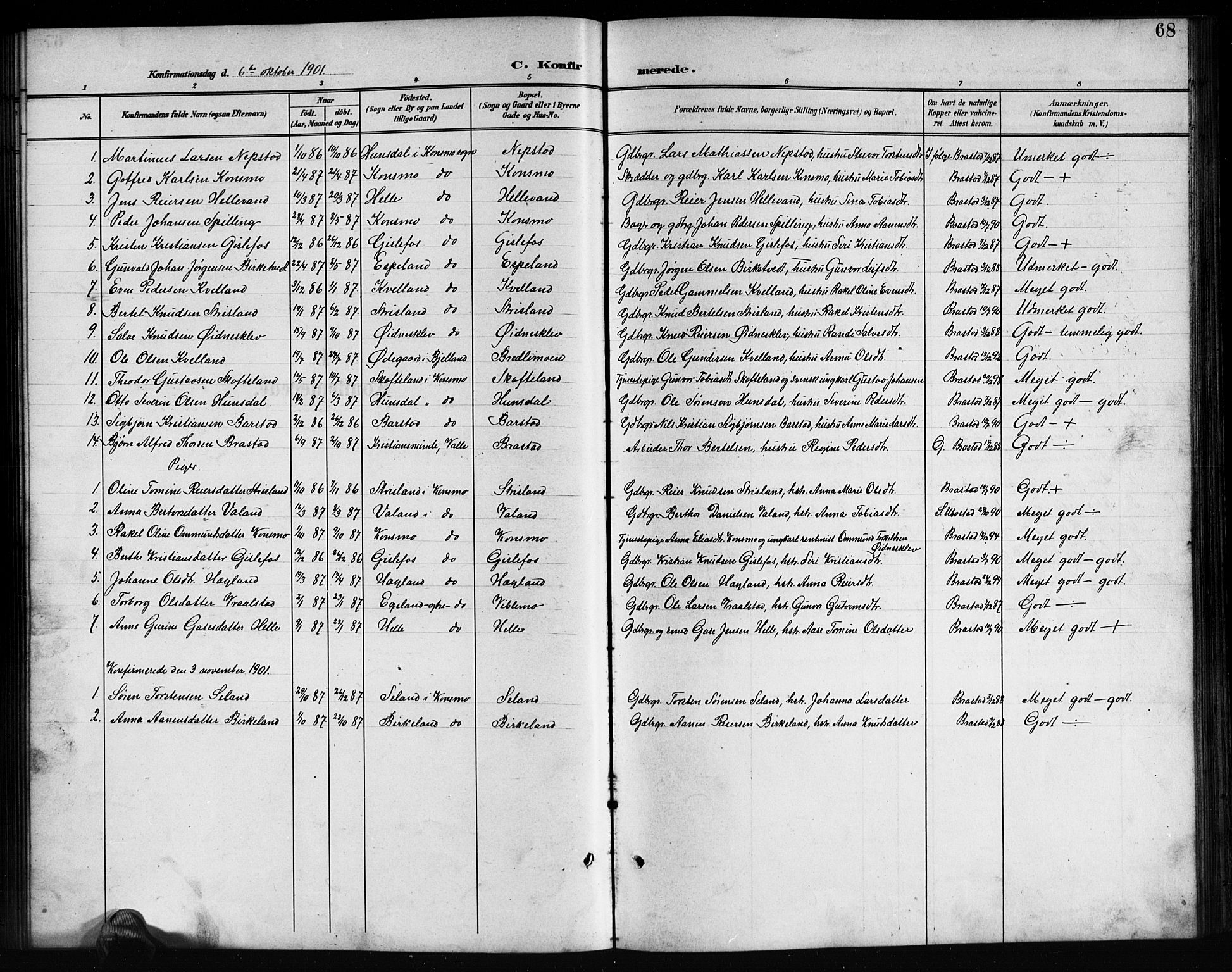 Nord-Audnedal sokneprestkontor, SAK/1111-0032/F/Fb/Fba/L0004: Parish register (copy) no. B 4, 1901-1917, p. 68