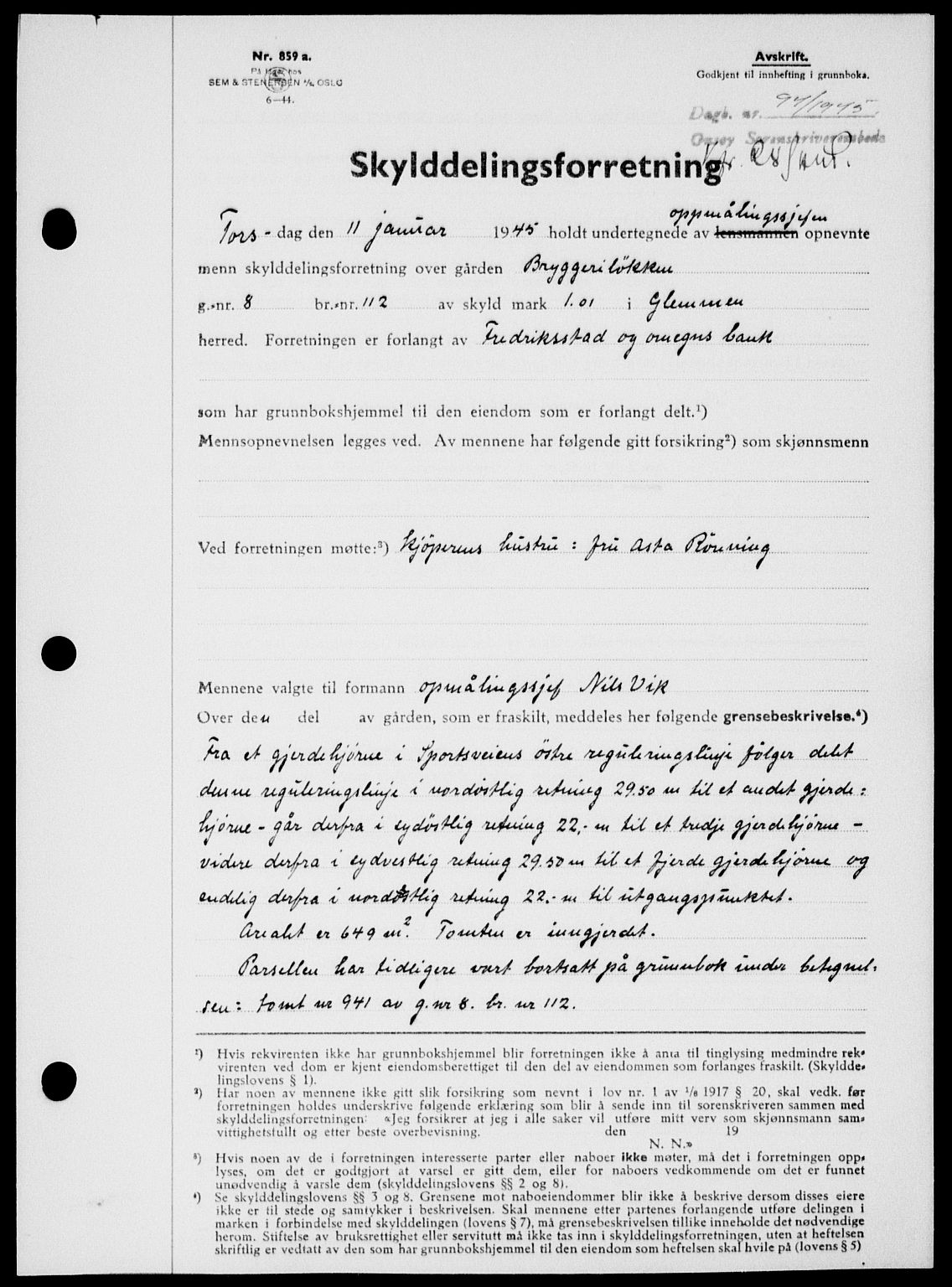 Onsøy sorenskriveri, SAO/A-10474/G/Ga/Gab/L0014: Mortgage book no. II A-14, 1944-1945, Diary no: : 94/1945