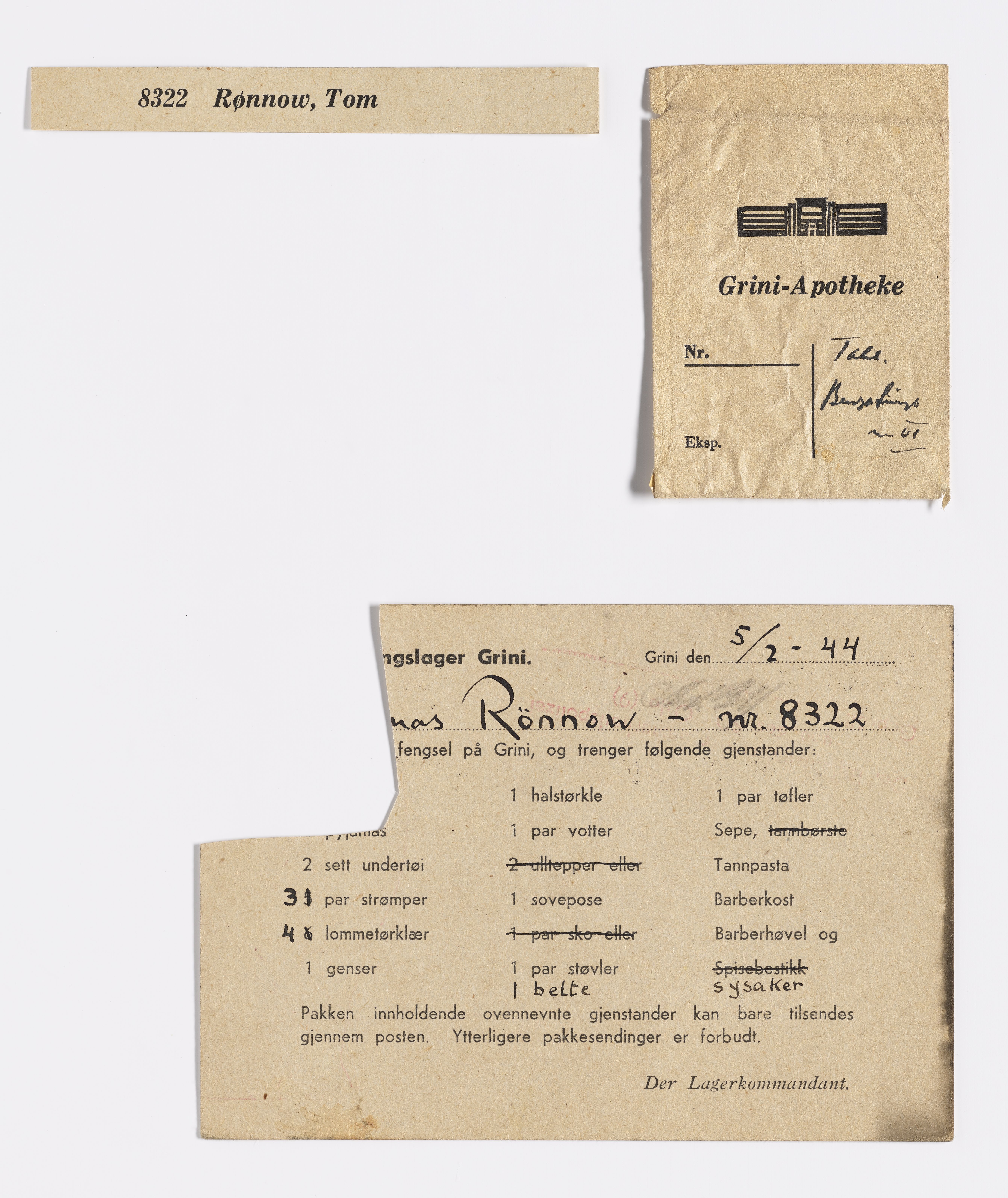 Thomas Rønnow, AFM/GRI-1014/D/Da/L0001/0003: Brev og dokumenter / Pakkesendingskort, 1944