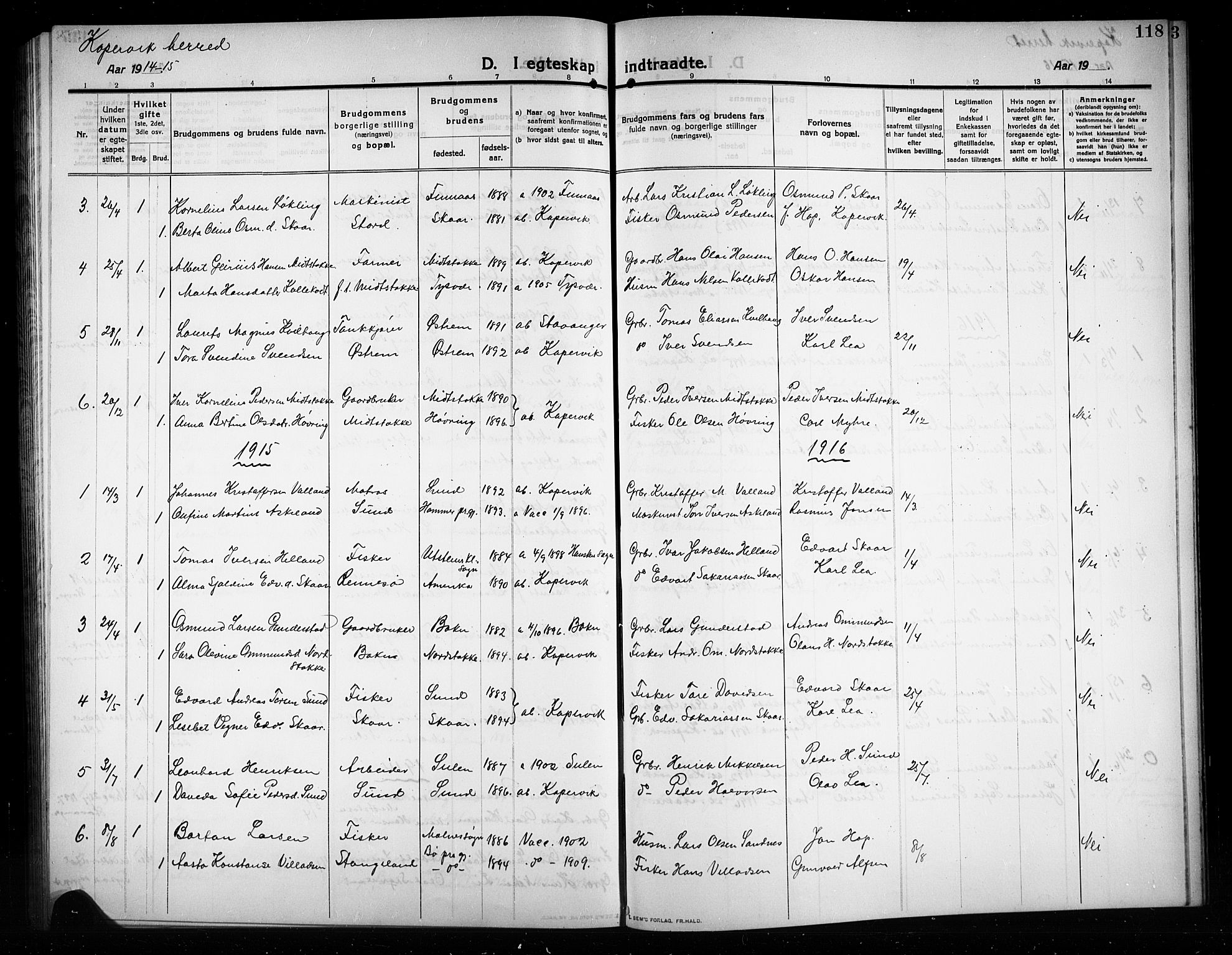 Kopervik sokneprestkontor, AV/SAST-A-101850/H/Ha/Hab/L0005: Parish register (copy) no. B 5, 1909-1918, p. 118