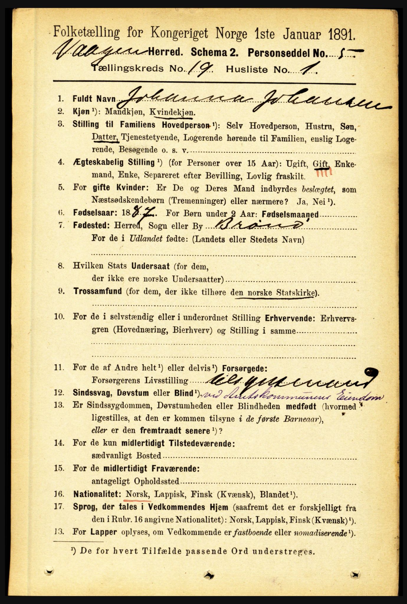 RA, 1891 census for 1865 Vågan, 1891, p. 5509