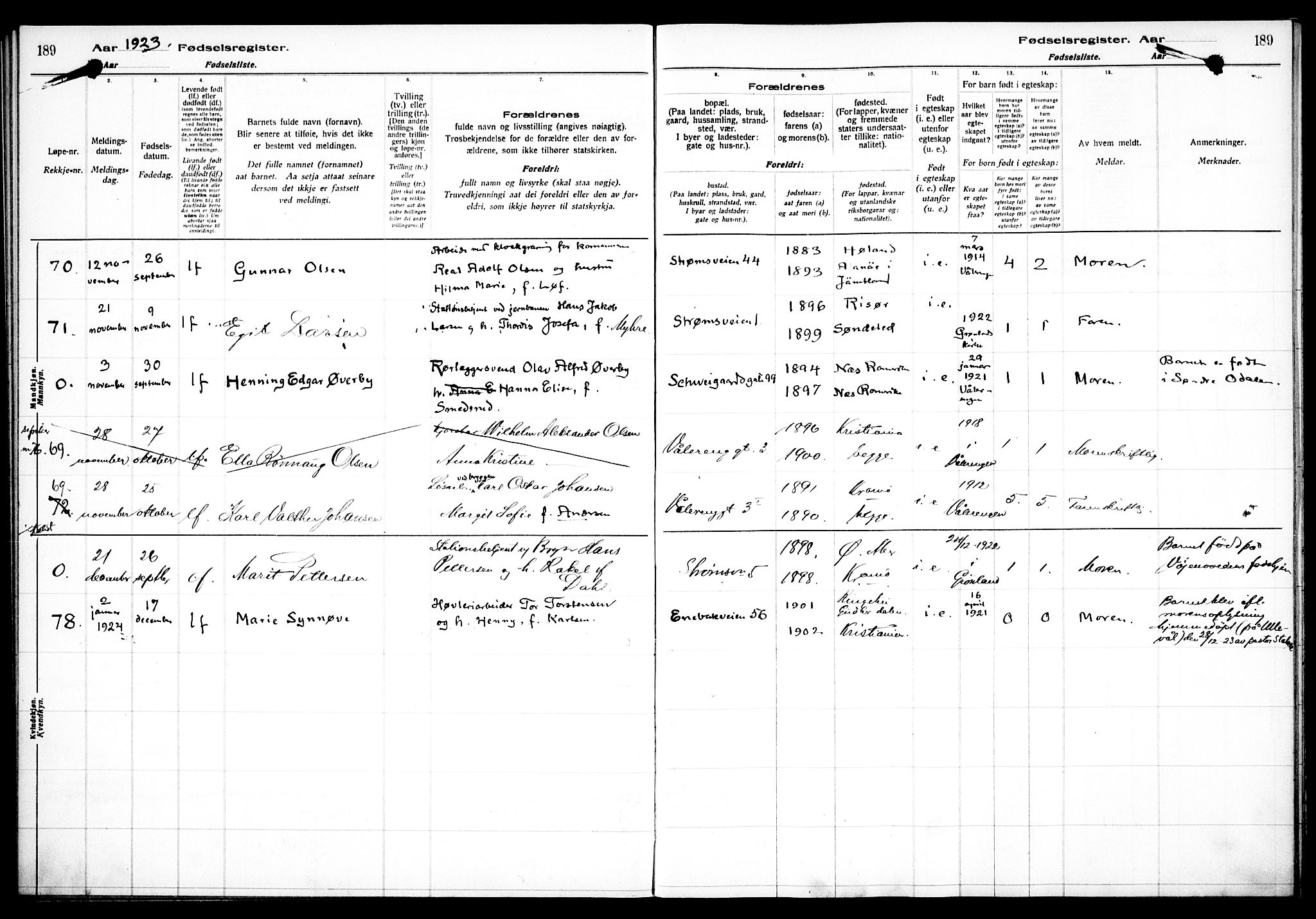 Vålerengen prestekontor Kirkebøker, SAO/A-10878/J/Ja/L0001: Birth register no. 1, 1916-1924, p. 189