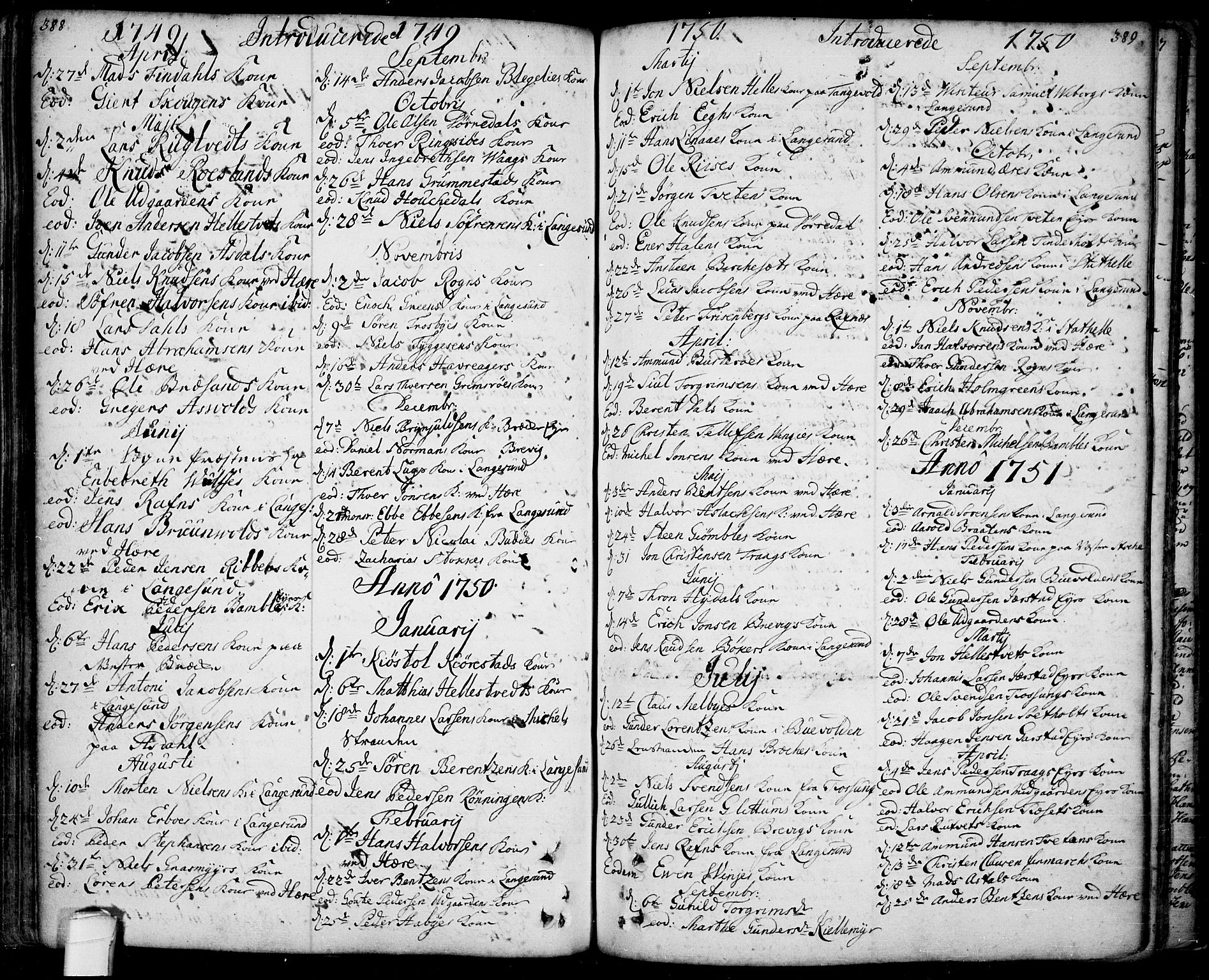 Bamble kirkebøker, SAKO/A-253/F/Fa/L0001: Parish register (official) no. I 1, 1702-1774, p. 388-389