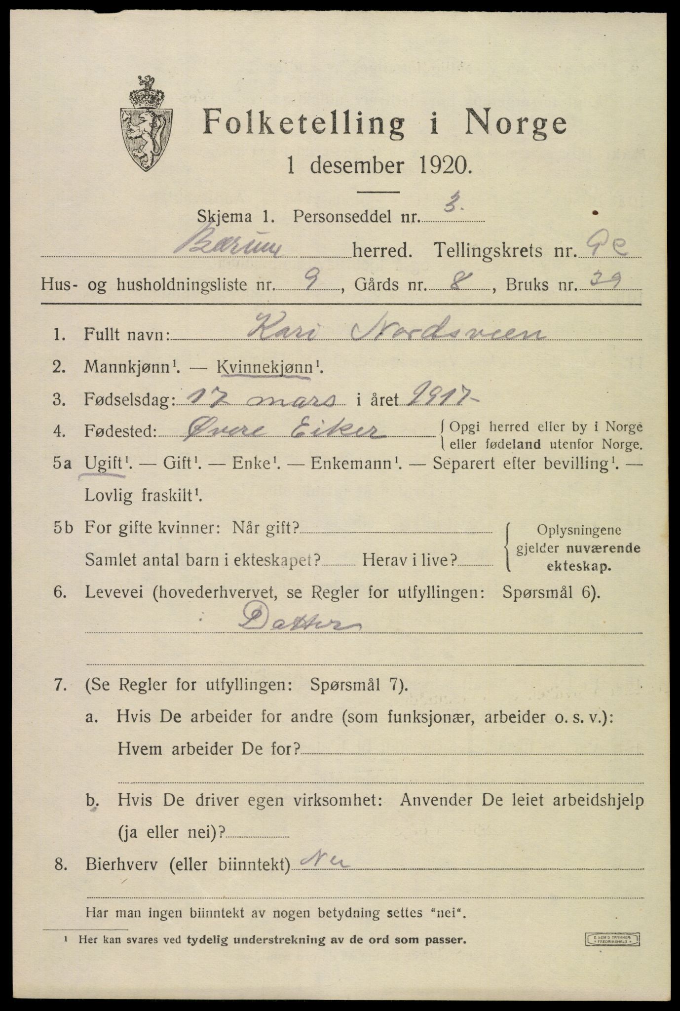 SAO, 1920 census for Bærum, 1920, p. 21998