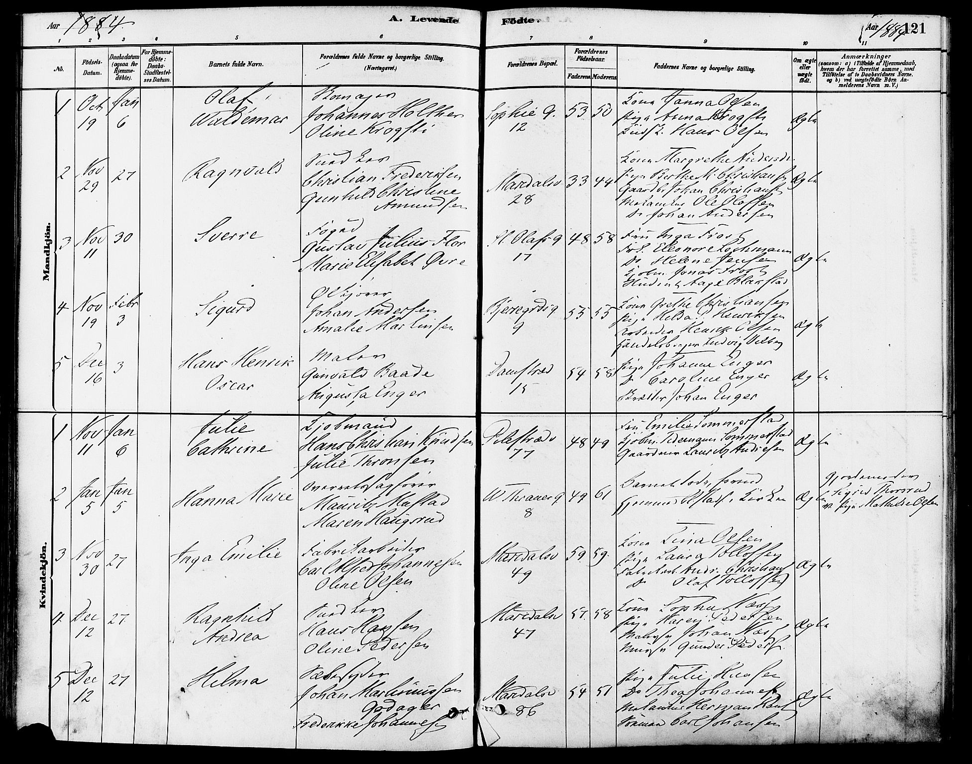 Gamle Aker prestekontor Kirkebøker, SAO/A-10617a/F/L0006: Parish register (official) no. 6, 1880-1887, p. 121
