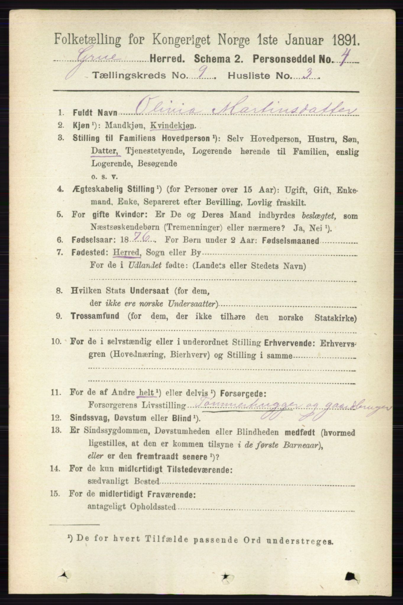 RA, 1891 census for 0423 Grue, 1891, p. 4896