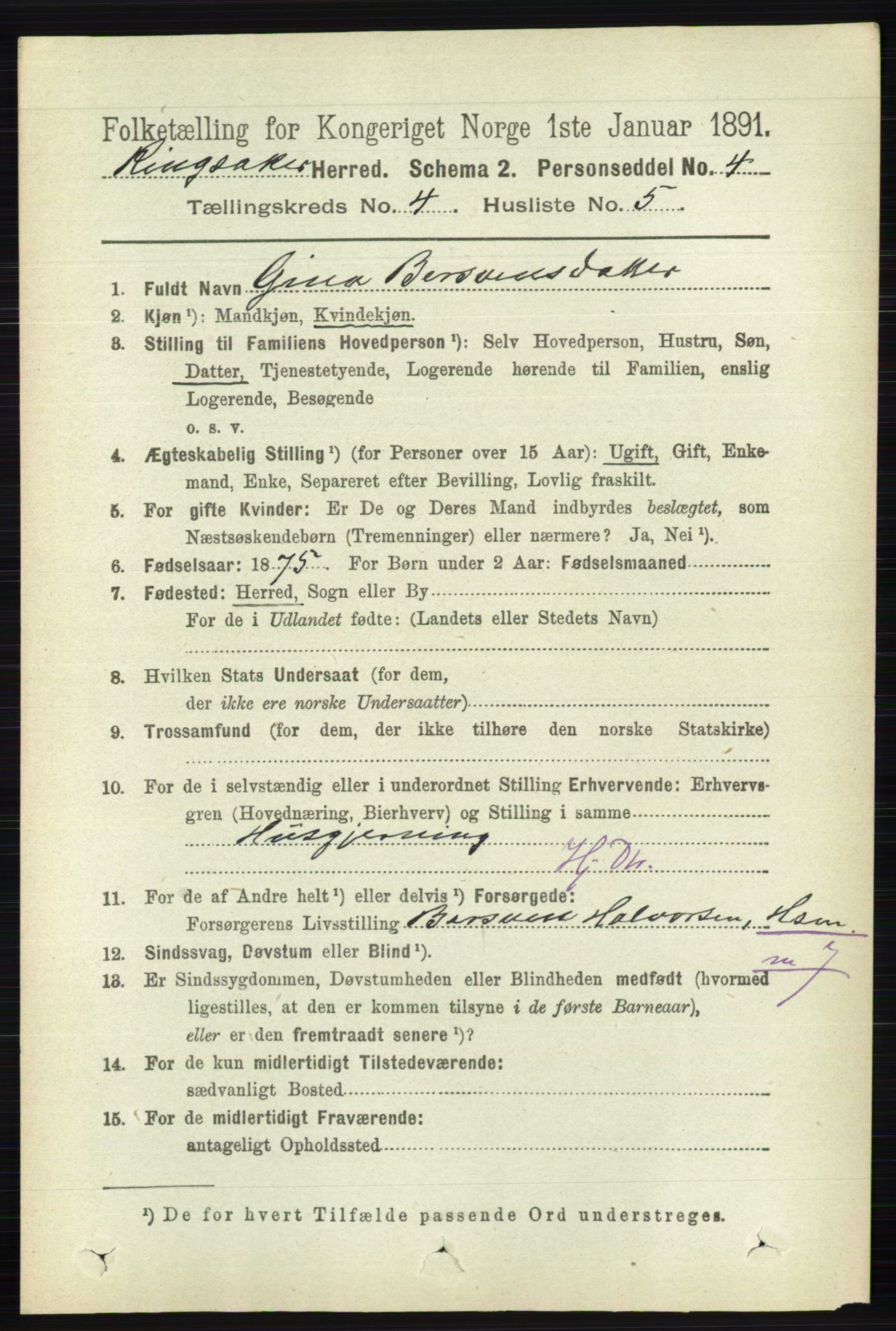 RA, 1891 census for 0412 Ringsaker, 1891, p. 1798