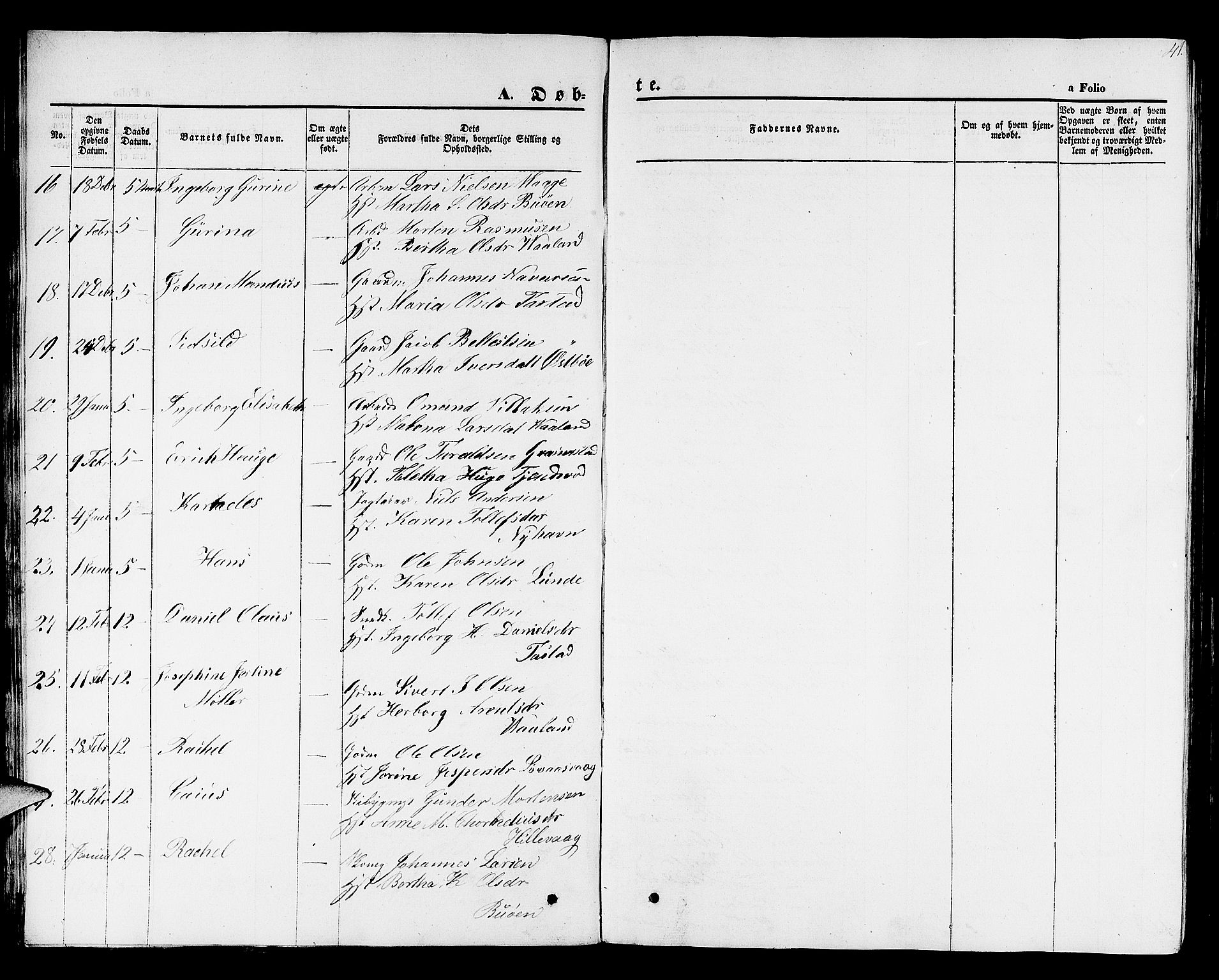 Hetland sokneprestkontor, SAST/A-101826/30/30BB/L0001: Parish register (copy) no. B 1, 1850-1868, p. 41