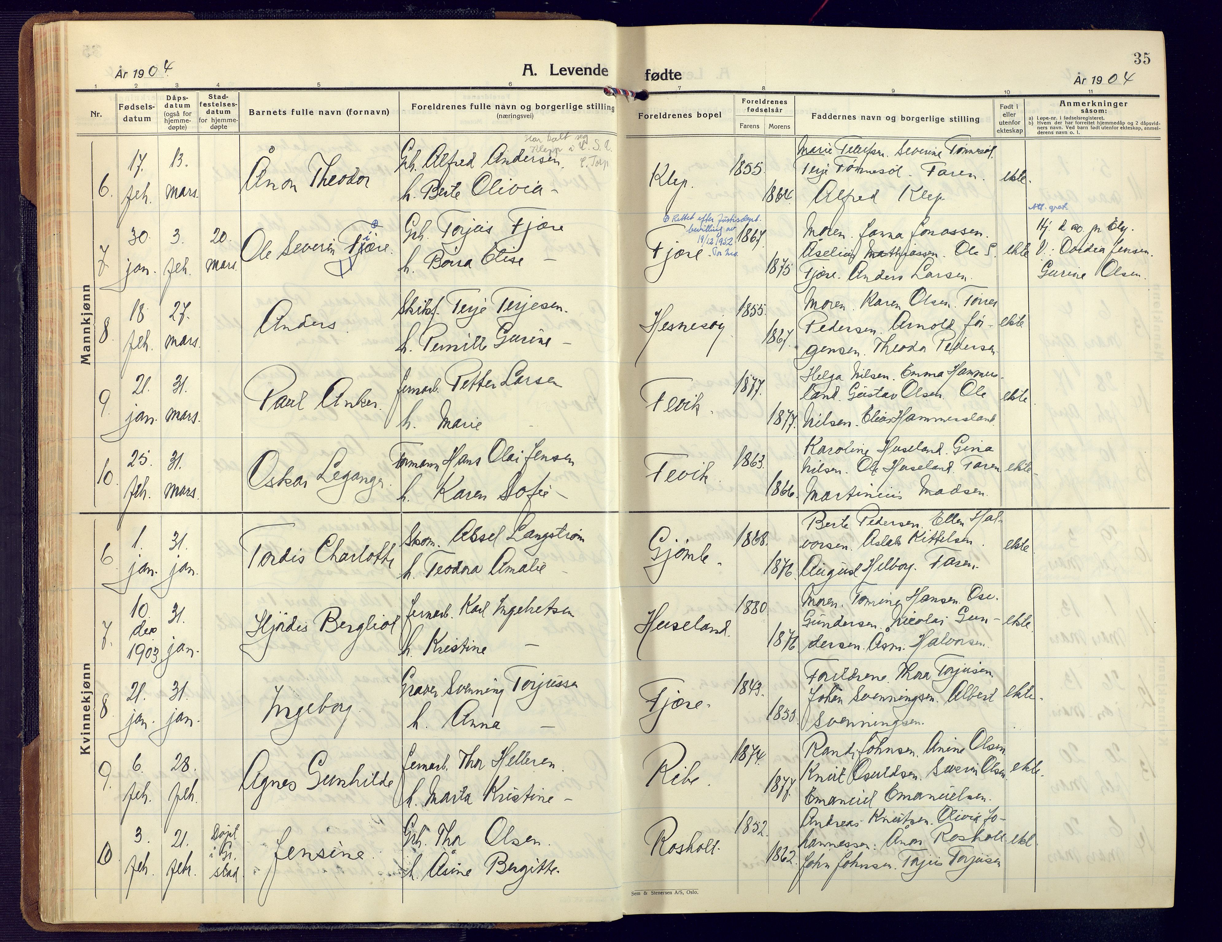 Fjære sokneprestkontor, AV/SAK-1111-0011/F/Fa/L0004: Parish register (official) no. A 4, 1902-1925, p. 35