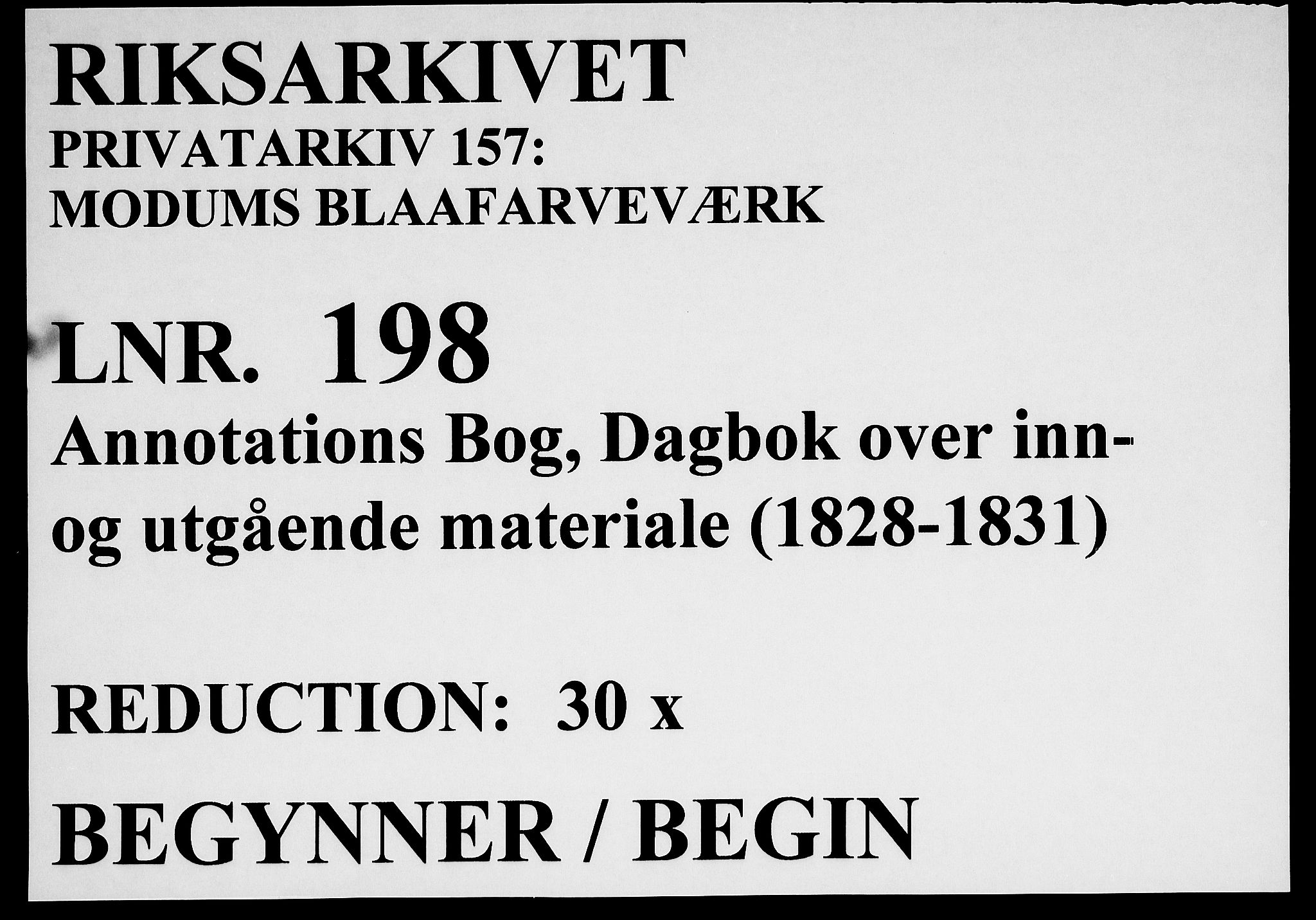 Modums Blaafarveværk, RA/PA-0157/G/Gd/Gdb/L0198: Annotations Bog, Dagbok over inn- og utgående materiale, 1828-1831, p. 1
