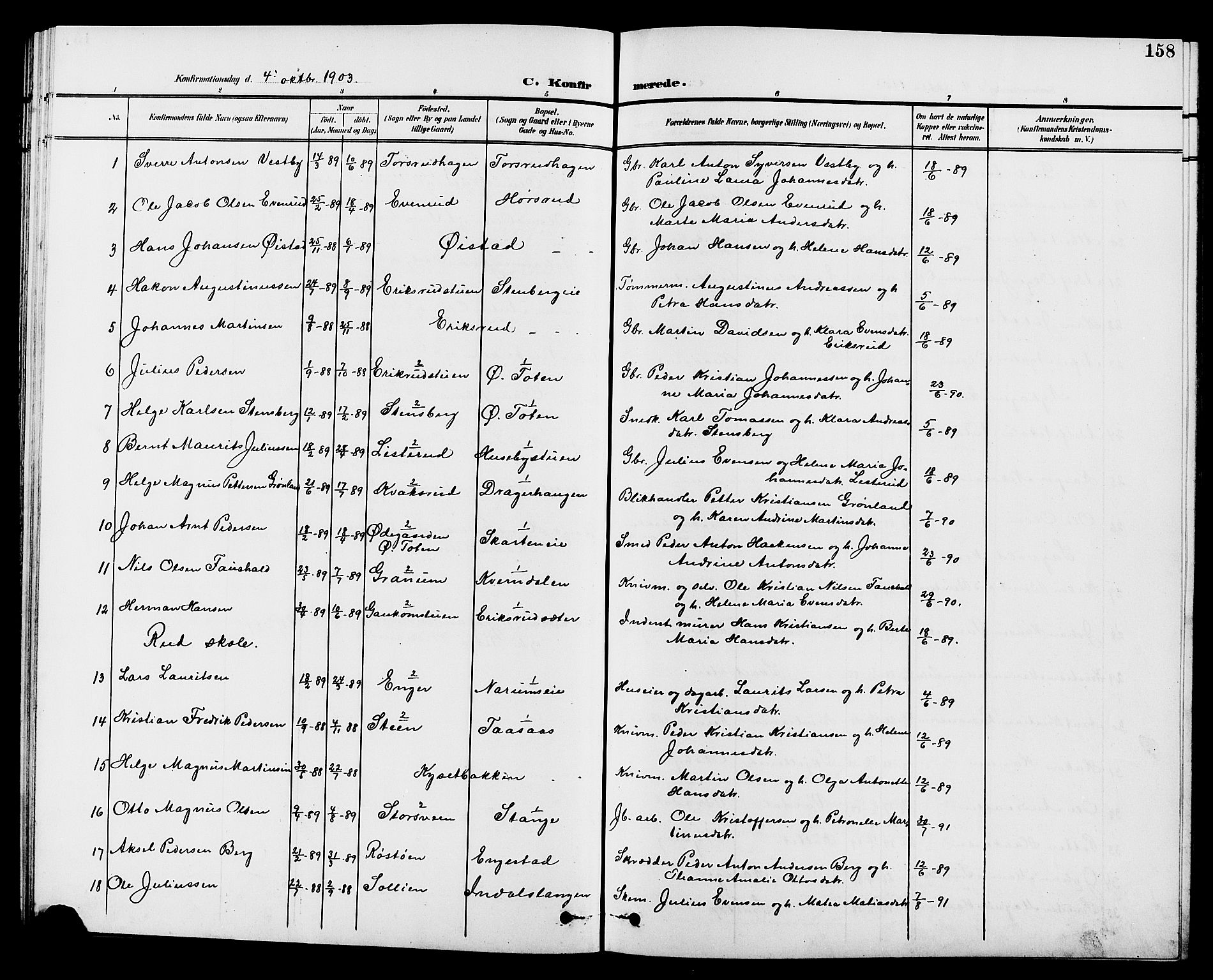Vestre Toten prestekontor, SAH/PREST-108/H/Ha/Hab/L0010: Parish register (copy) no. 10, 1900-1912, p. 158