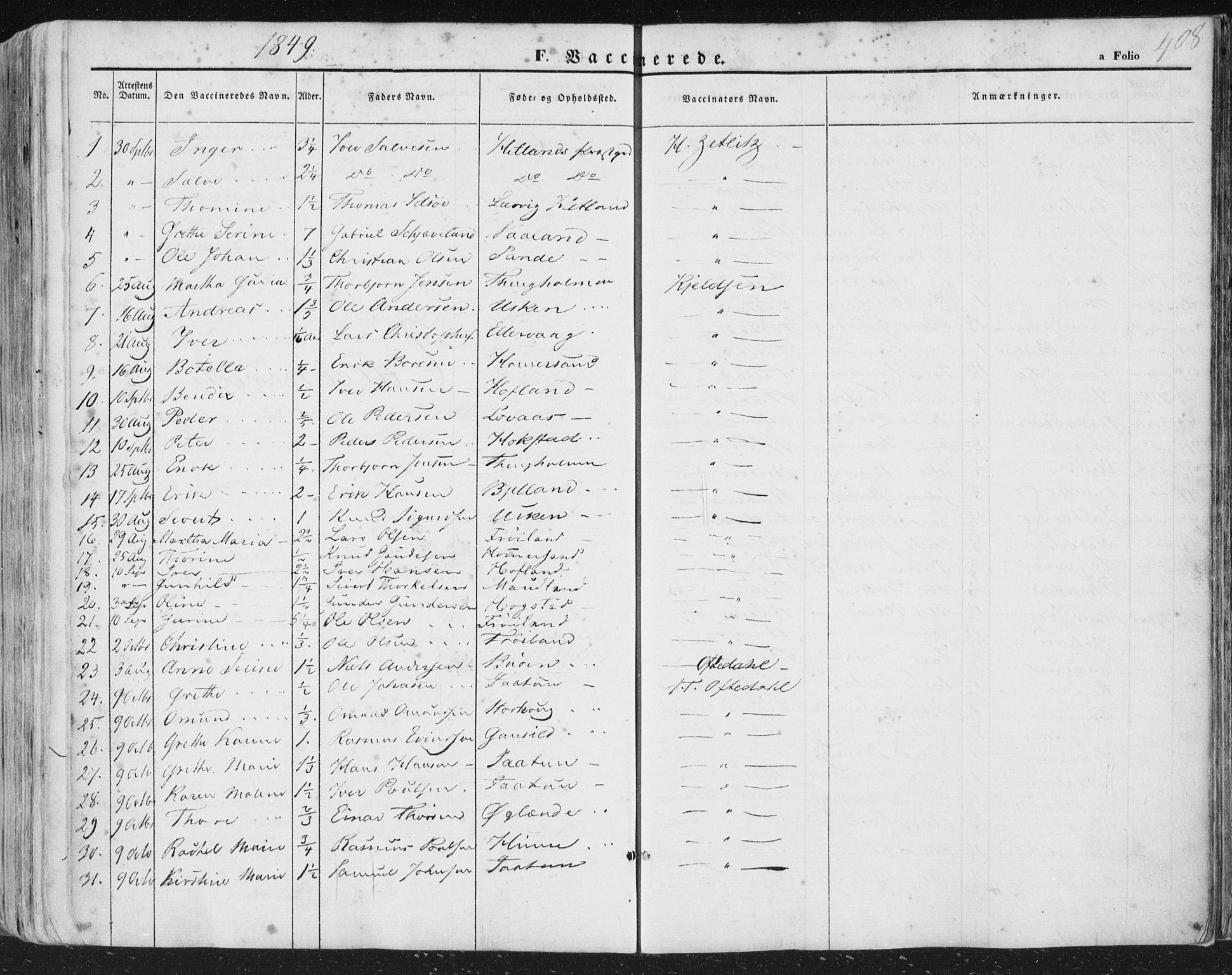 Hetland sokneprestkontor, AV/SAST-A-101826/30/30BA/L0002: Parish register (official) no. A 2, 1849-1869, p. 408