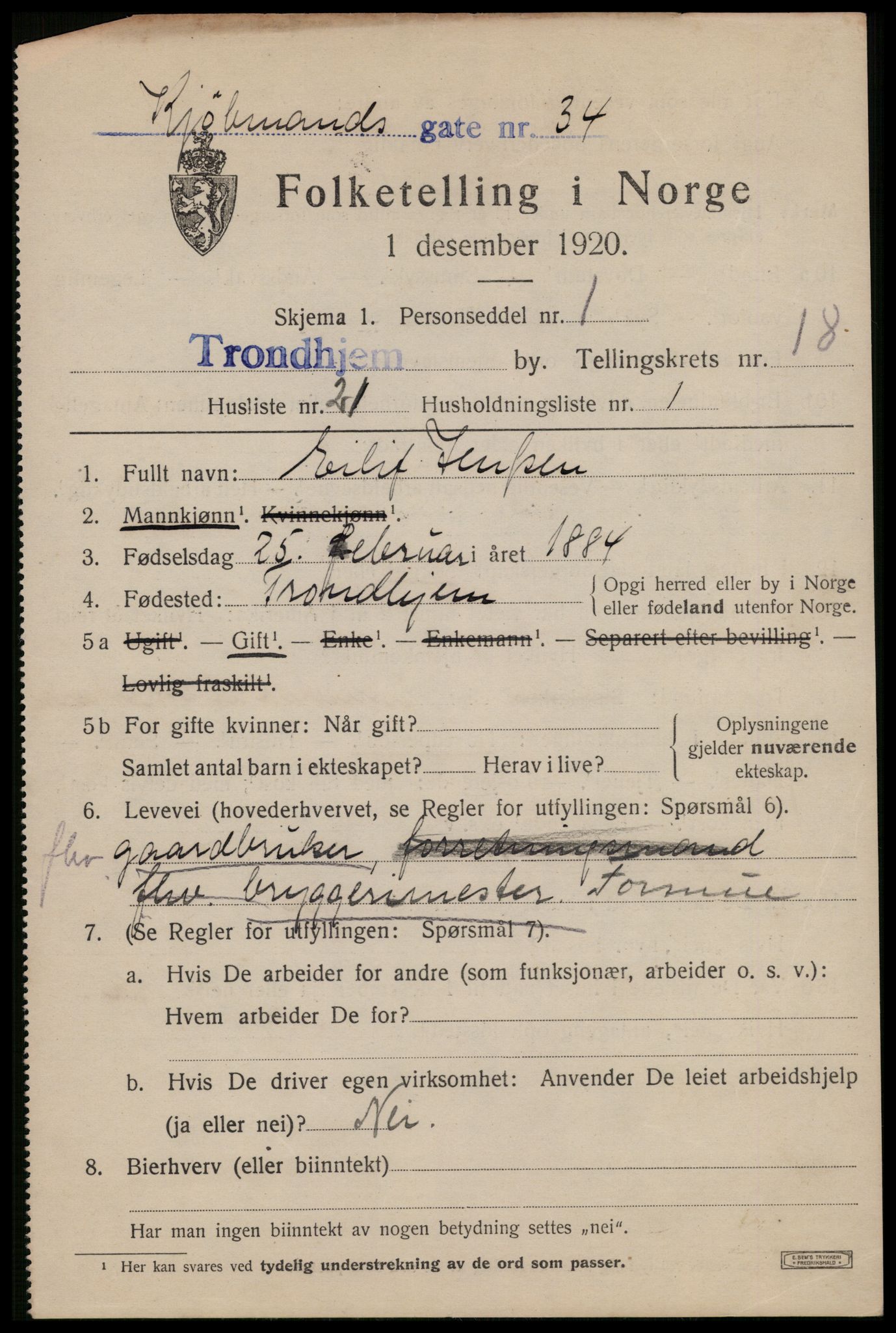 SAT, 1920 census for Trondheim, 1920, p. 56678