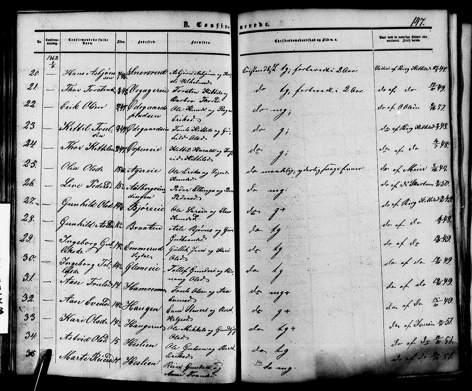 Krødsherad kirkebøker, AV/SAKO-A-19/F/Fa/L0003: Parish register (official) no. 3, 1851-1872, p. 147