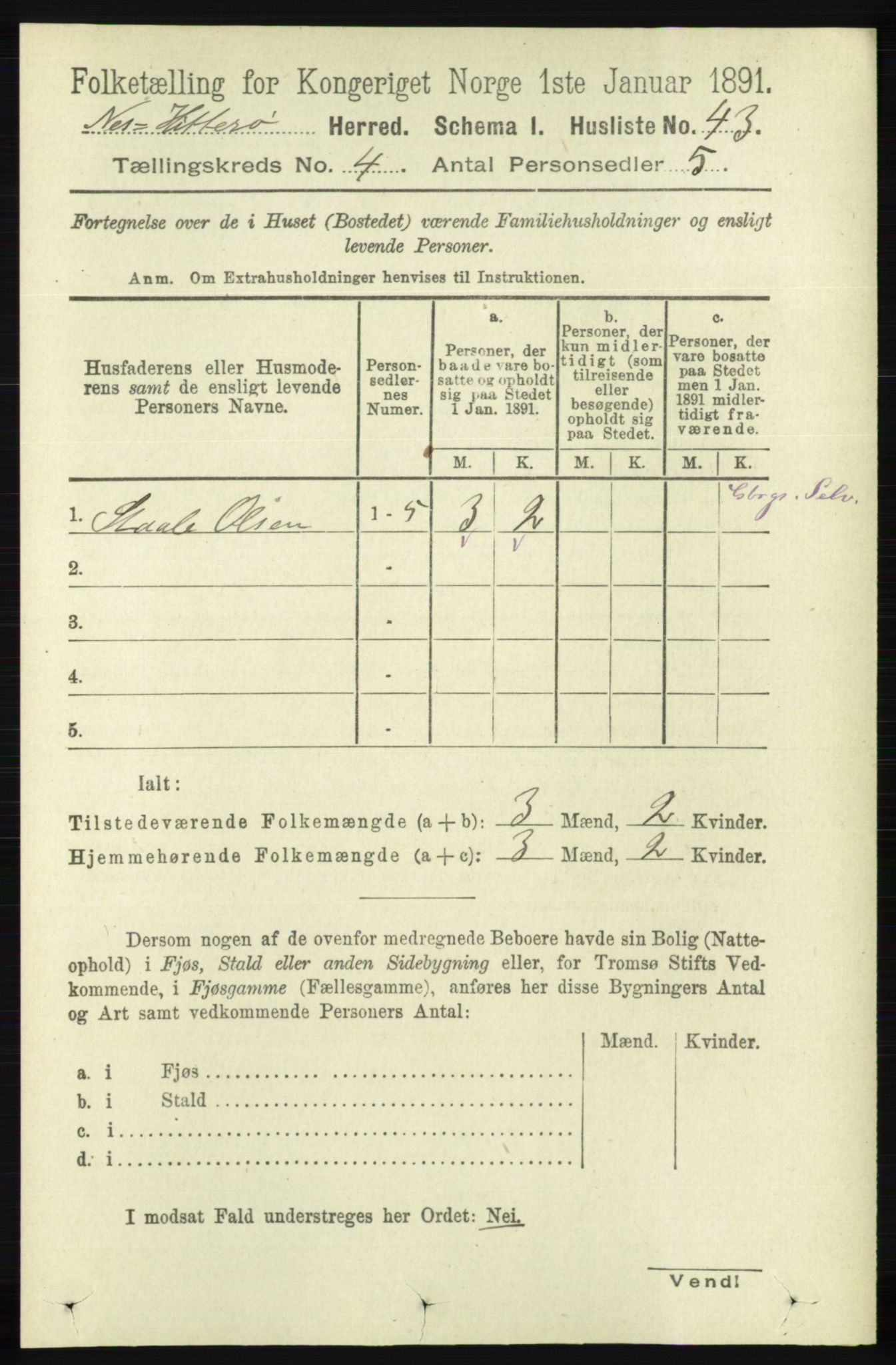 RA, 1891 census for 1043 Hidra og Nes, 1891, p. 1412