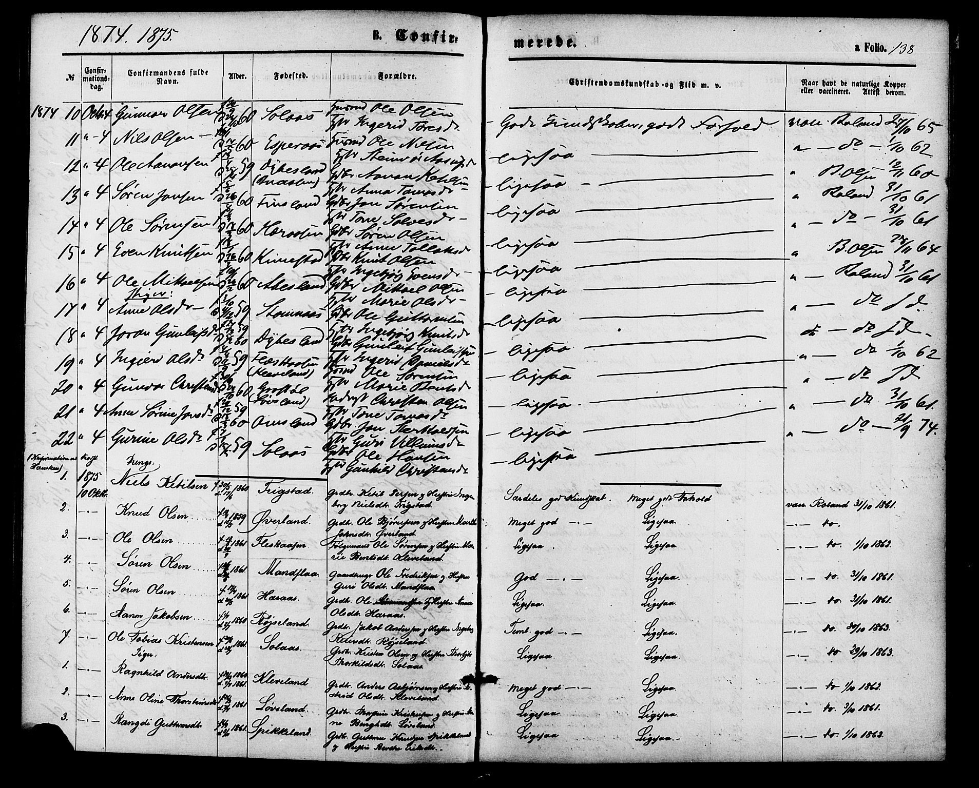 Bjelland sokneprestkontor, SAK/1111-0005/F/Fa/Fab/L0003: Parish register (official) no. A 3, 1870-1887, p. 138