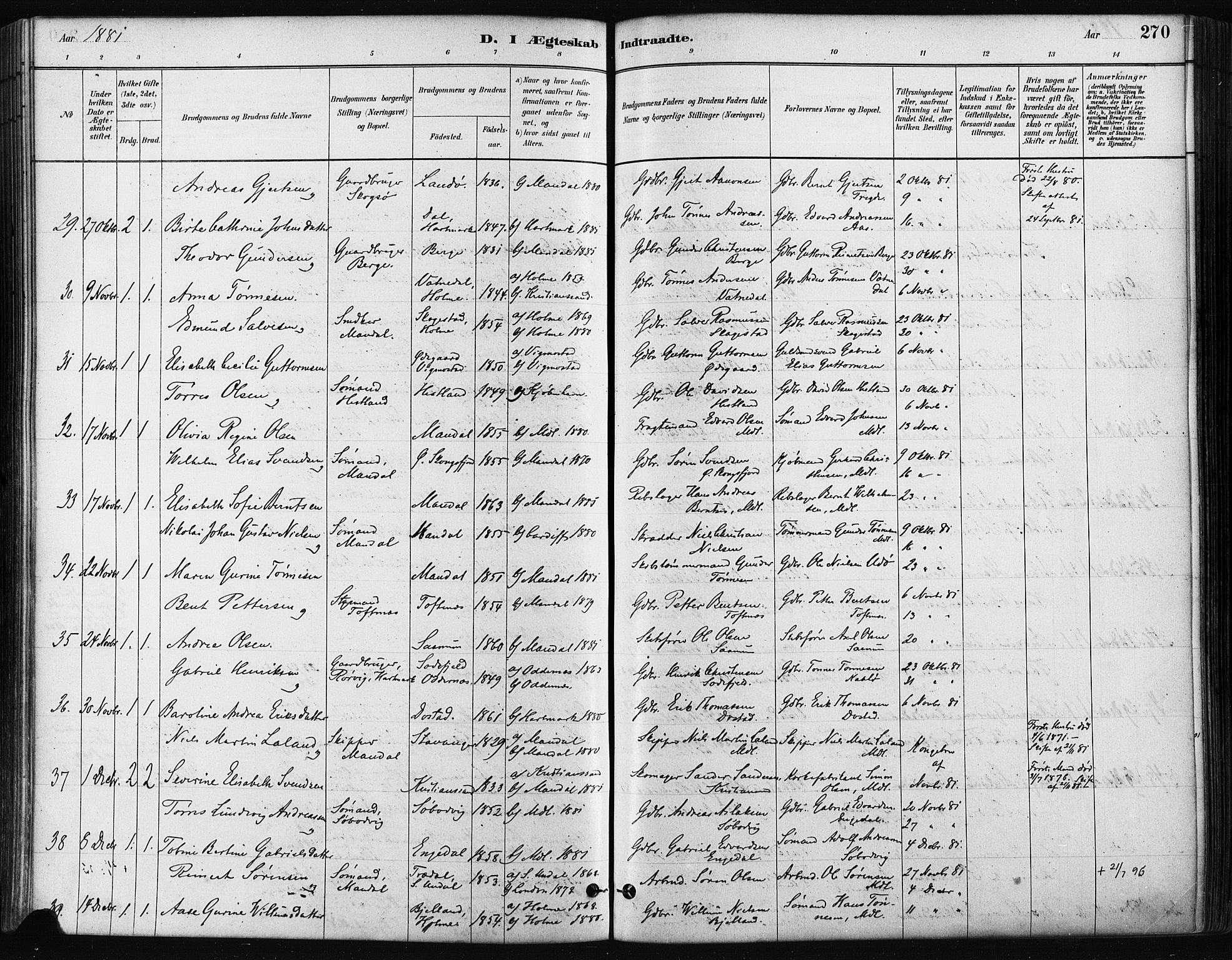 Mandal sokneprestkontor, AV/SAK-1111-0030/F/Fa/Faa/L0016: Parish register (official) no. A 16, 1880-1890, p. 270