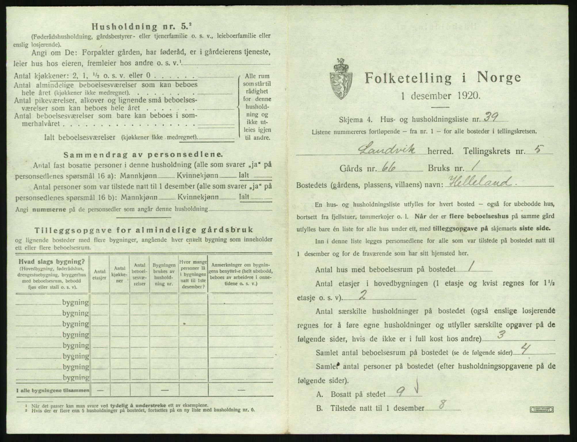 SAK, 1920 census for Landvik, 1920, p. 828