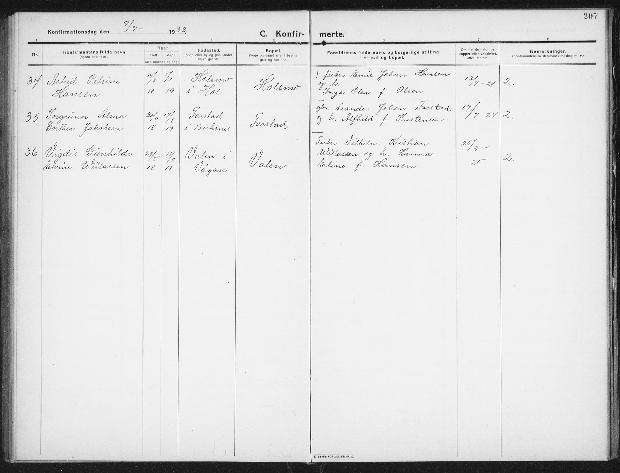 Ministerialprotokoller, klokkerbøker og fødselsregistre - Nordland, SAT/A-1459/882/L1183: Parish register (copy) no. 882C01, 1911-1938, p. 207