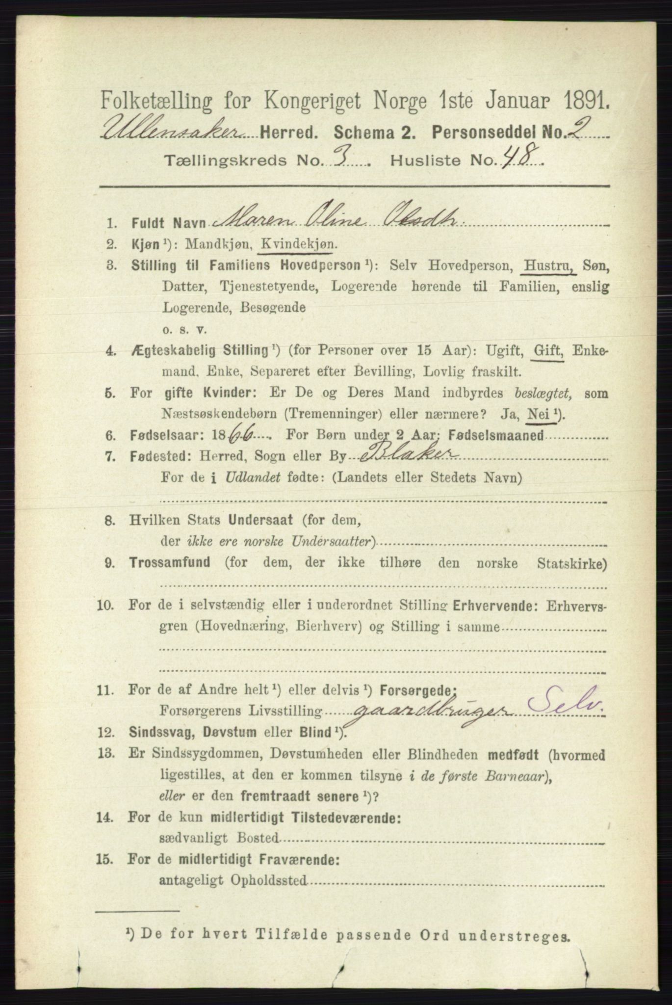RA, 1891 census for 0235 Ullensaker, 1891, p. 1399