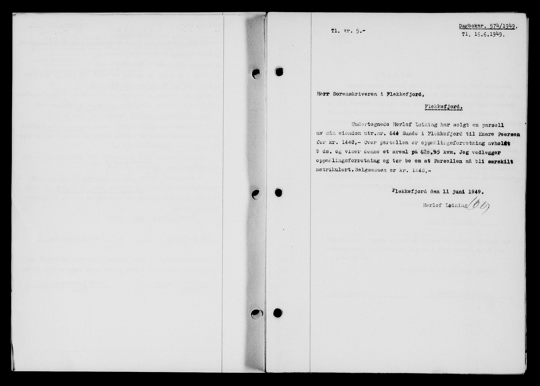 Flekkefjord sorenskriveri, SAK/1221-0001/G/Gb/Gba/L0065: Mortgage book no. A-13, 1949-1949, Diary no: : 574/1949