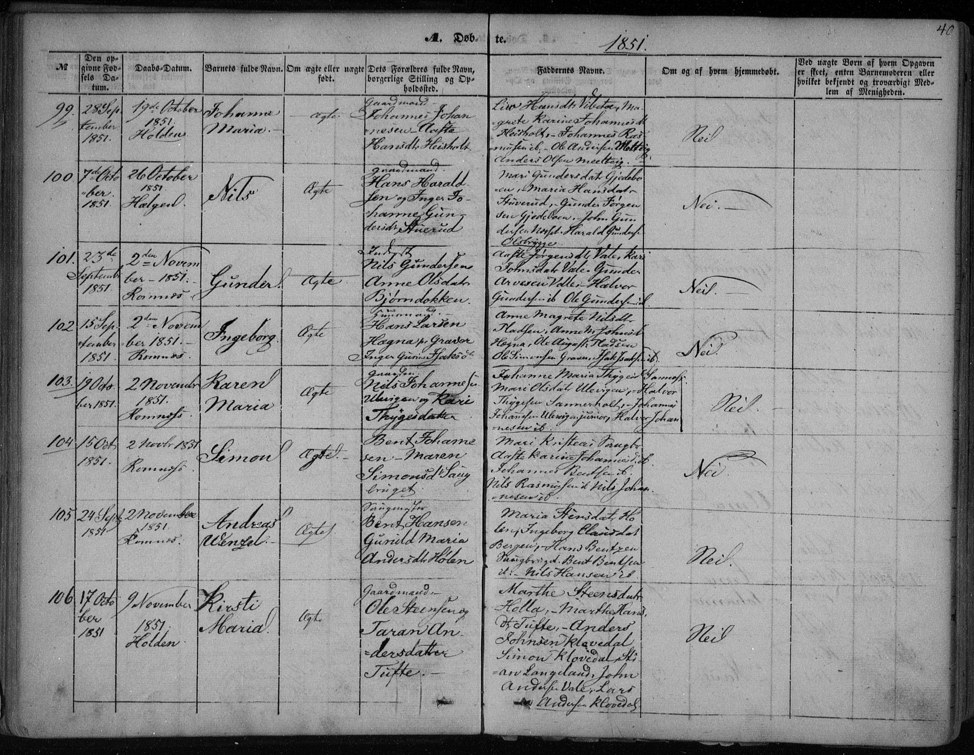 Holla kirkebøker, SAKO/A-272/F/Fa/L0005: Parish register (official) no. 5, 1849-1860, p. 40