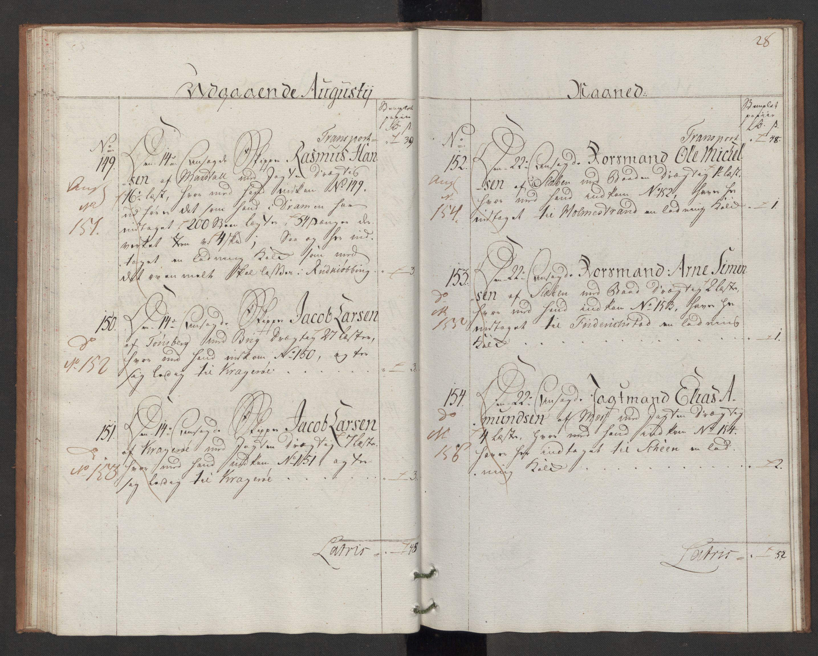 Generaltollkammeret, tollregnskaper, AV/RA-EA-5490/R06/L0166/0002: Tollregnskaper Kristiania / Utgående hovedtollbok Slependen, 1786, p. 27b-28a