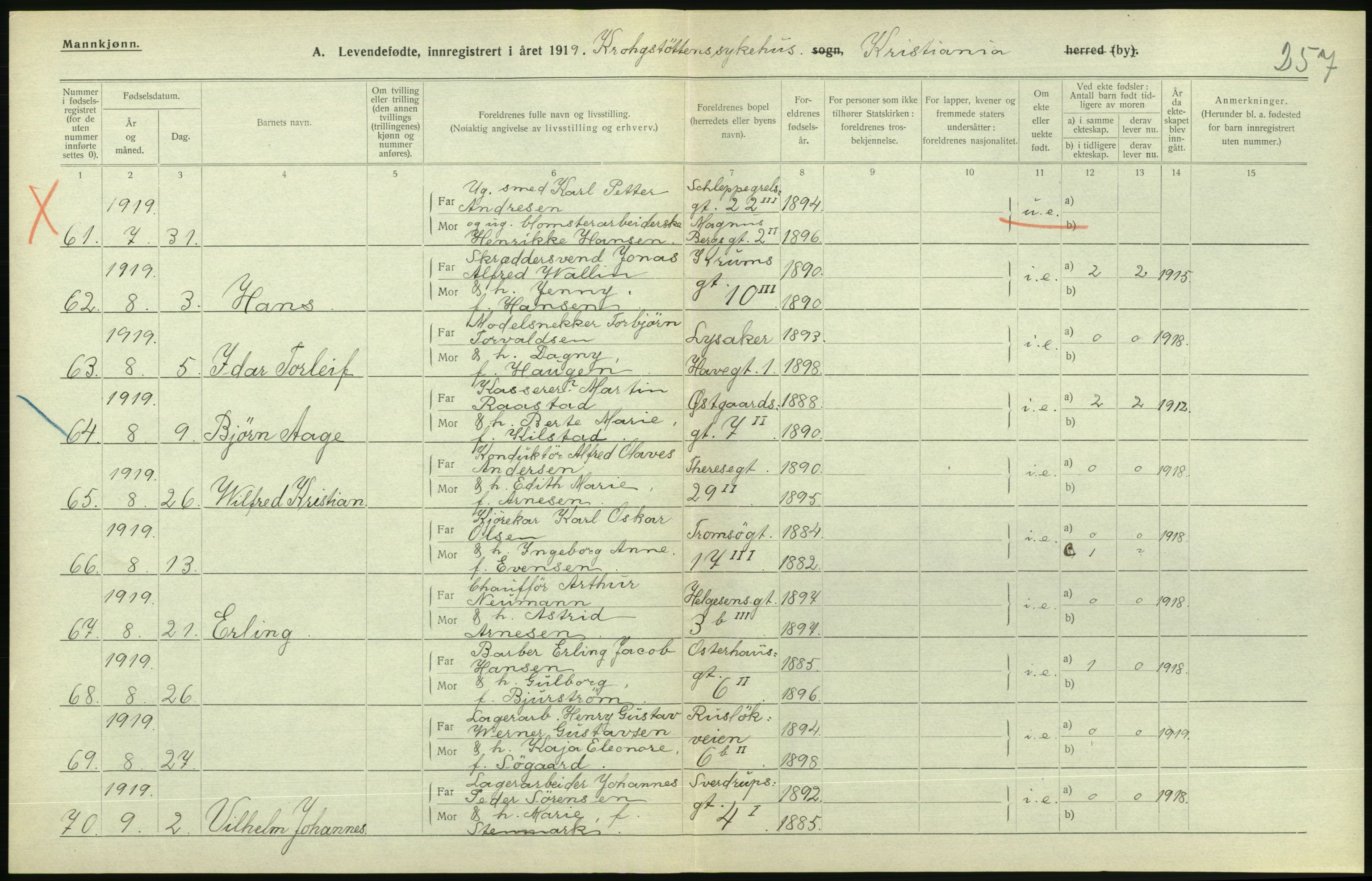 Statistisk sentralbyrå, Sosiodemografiske emner, Befolkning, AV/RA-S-2228/D/Df/Dfb/Dfbi/L0008: Kristiania: Levendefødte menn og kvinner., 1919