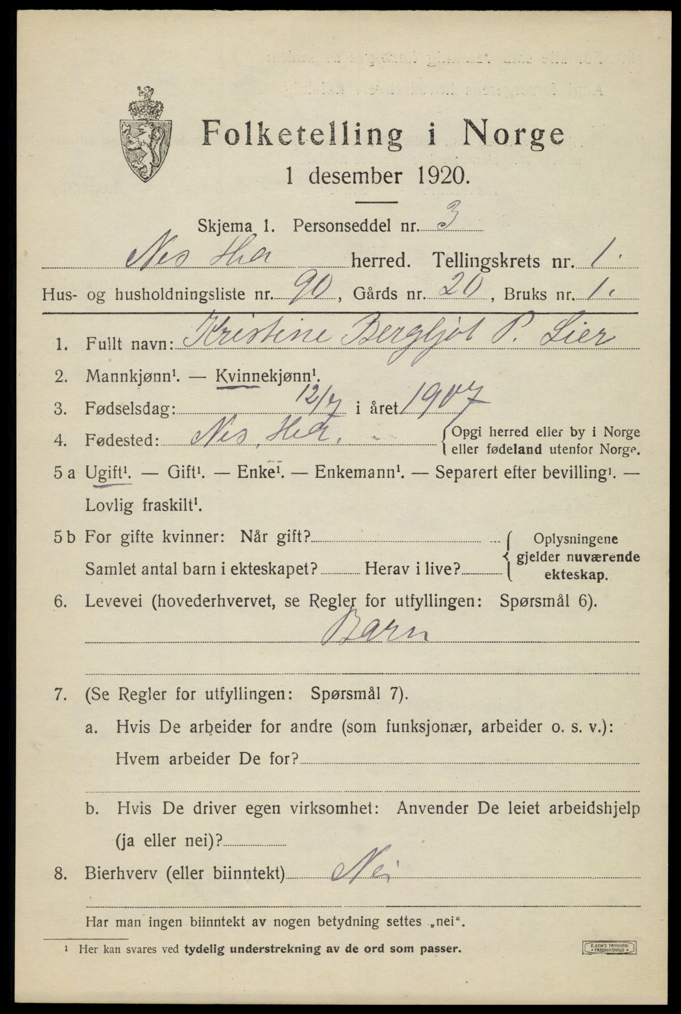 SAH, 1920 census for Nes (Hedmark), 1920, p. 2530