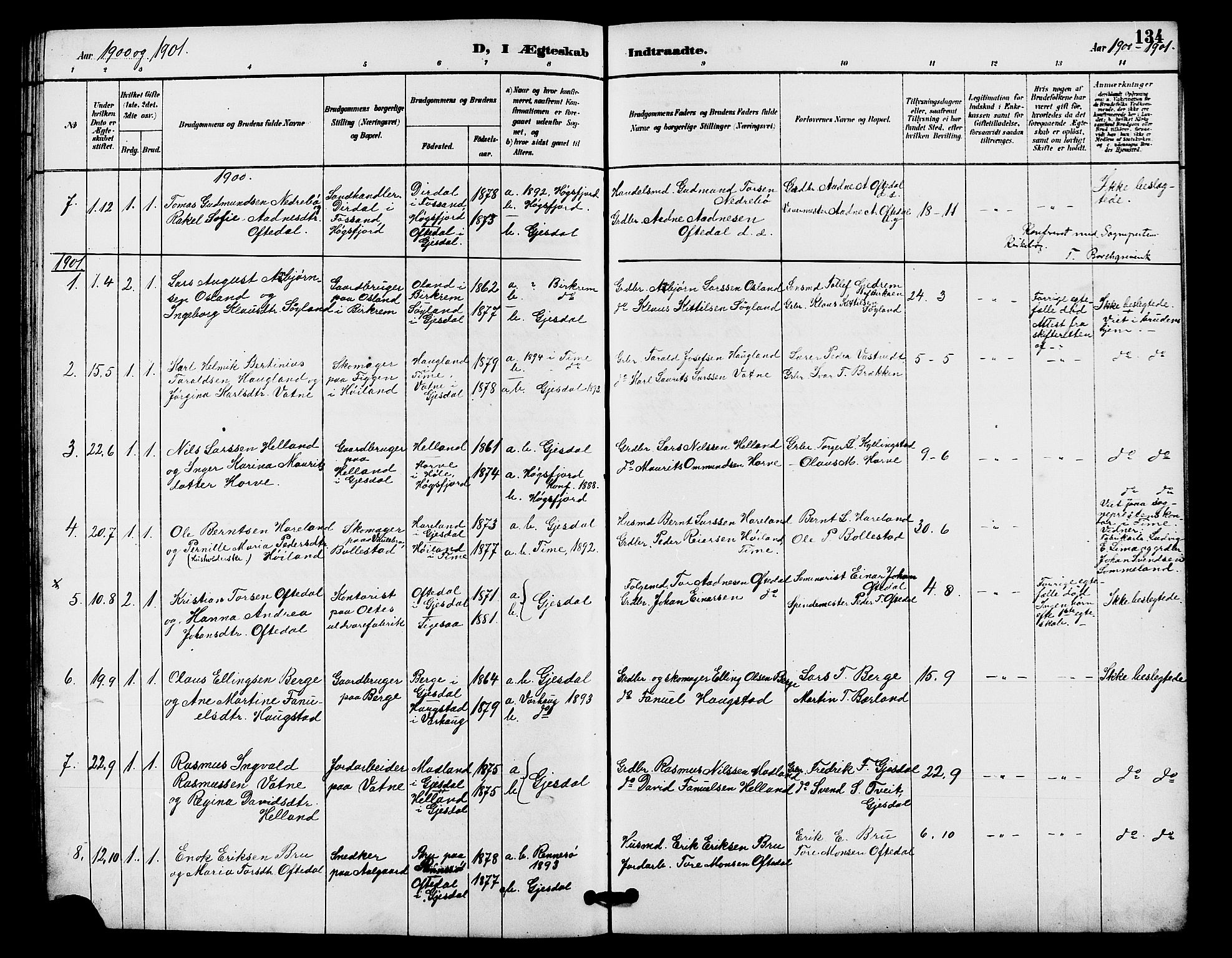 Lye sokneprestkontor, SAST/A-101794/001/30BB/L0008: Parish register (copy) no. B 7, 1887-1901, p. 134