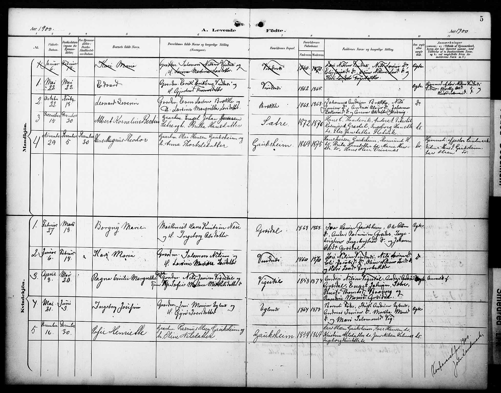 Fitjar sokneprestembete, AV/SAB-A-99926: Parish register (copy) no. C 1, 1900-1928, p. 5