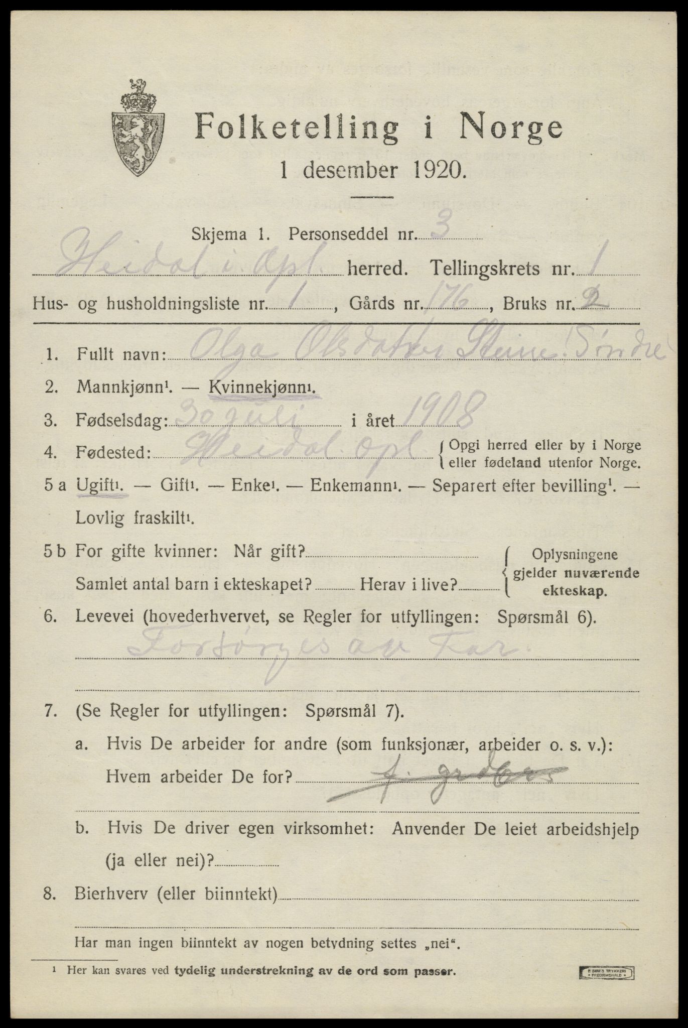 SAH, 1920 census for Heidal, 1920, p. 500