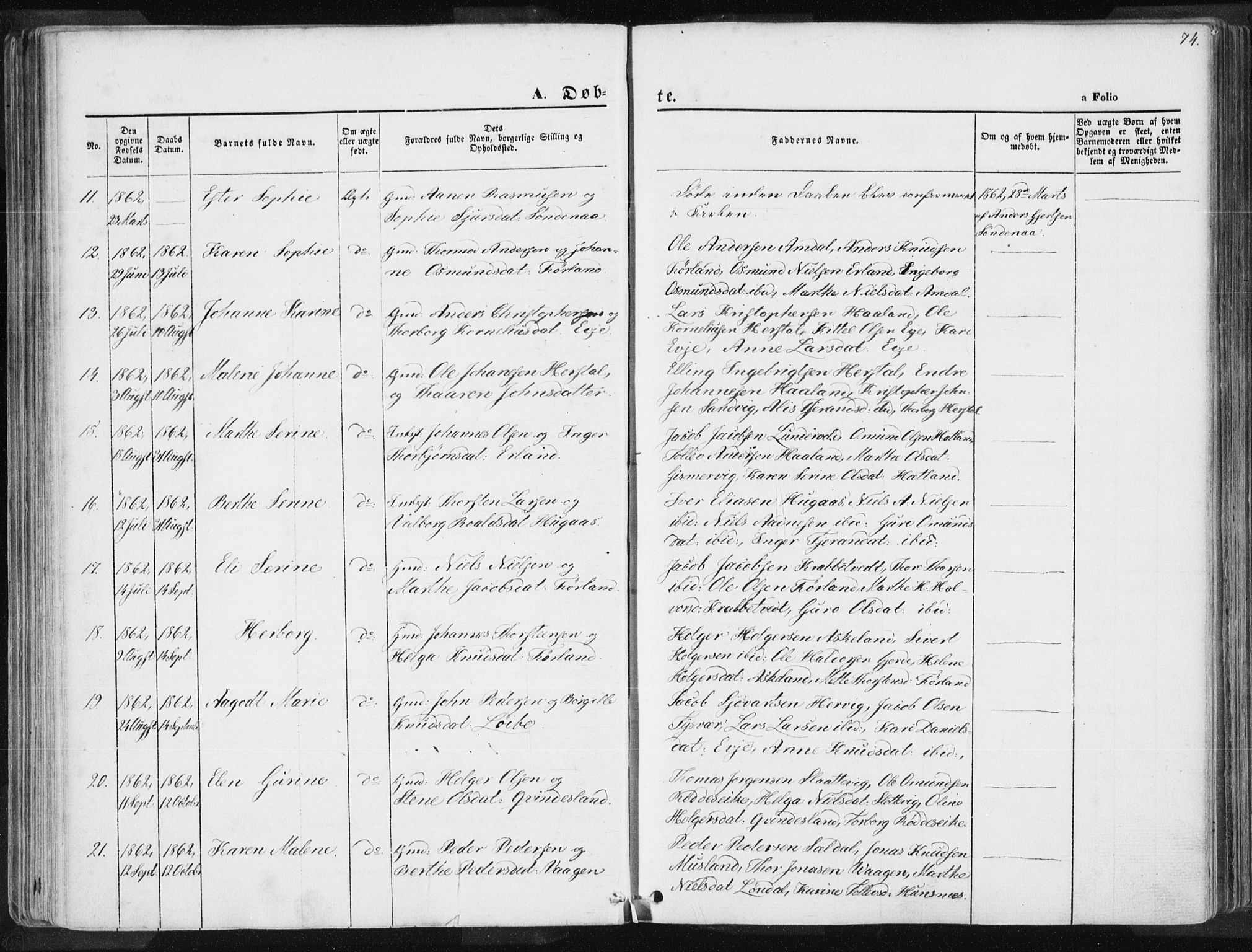 Tysvær sokneprestkontor, SAST/A -101864/H/Ha/Haa/L0003: Parish register (official) no. A 3, 1856-1865, p. 74