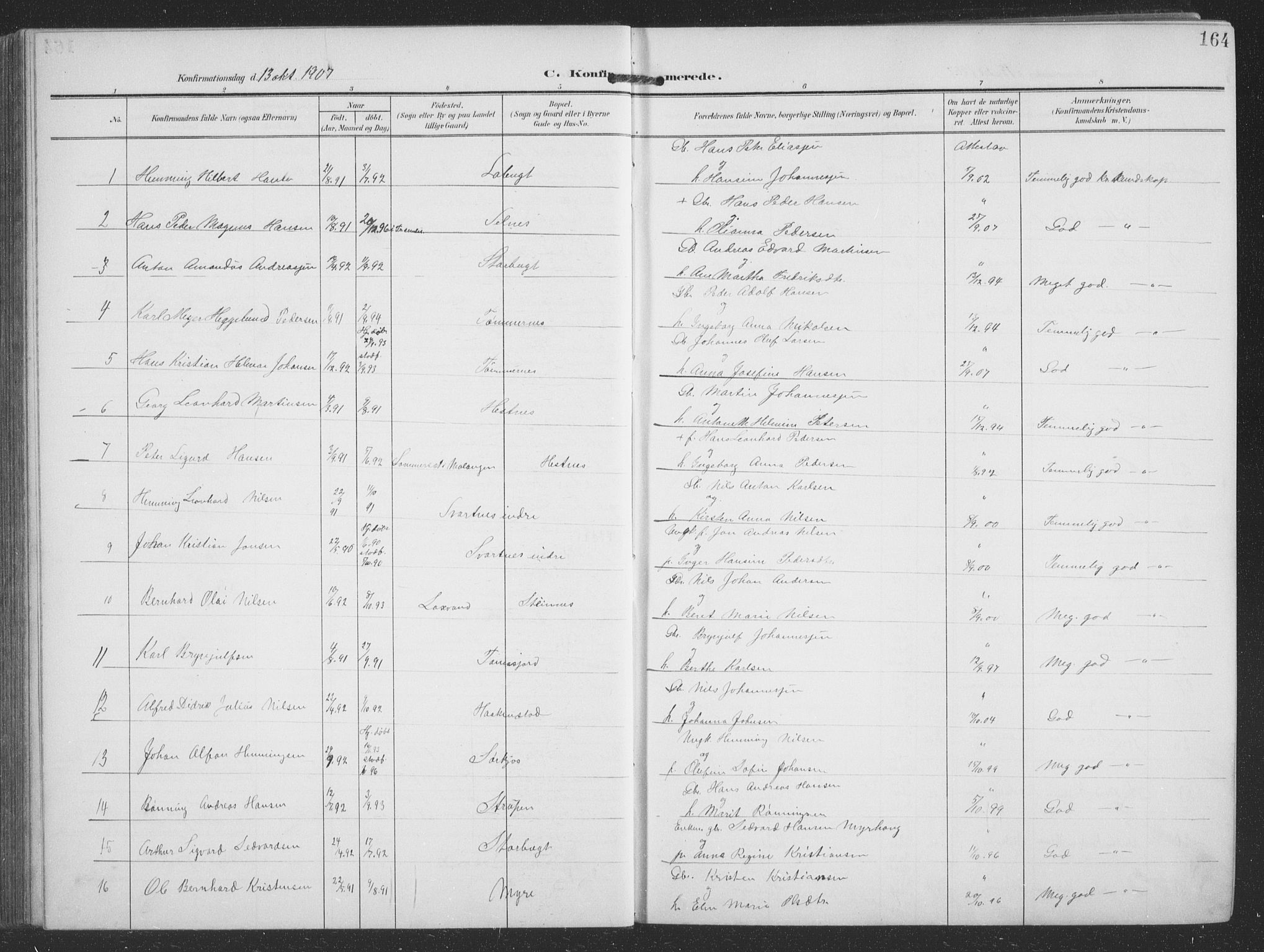 Balsfjord sokneprestembete, SATØ/S-1303/G/Ga/L0009klokker: Parish register (copy) no. 9, 1906-1920, p. 164