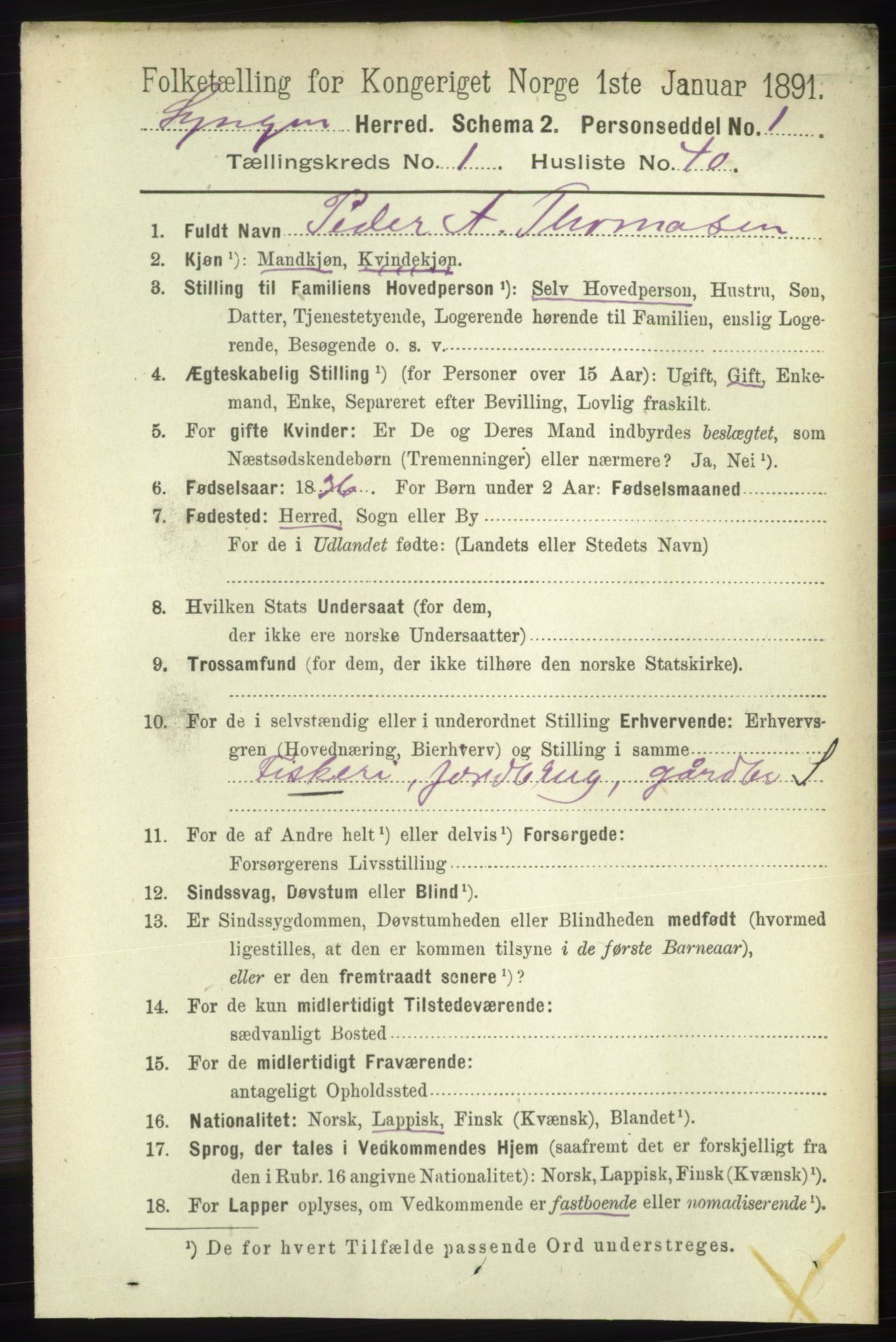 RA, 1891 census for 1938 Lyngen, 1891, p. 539