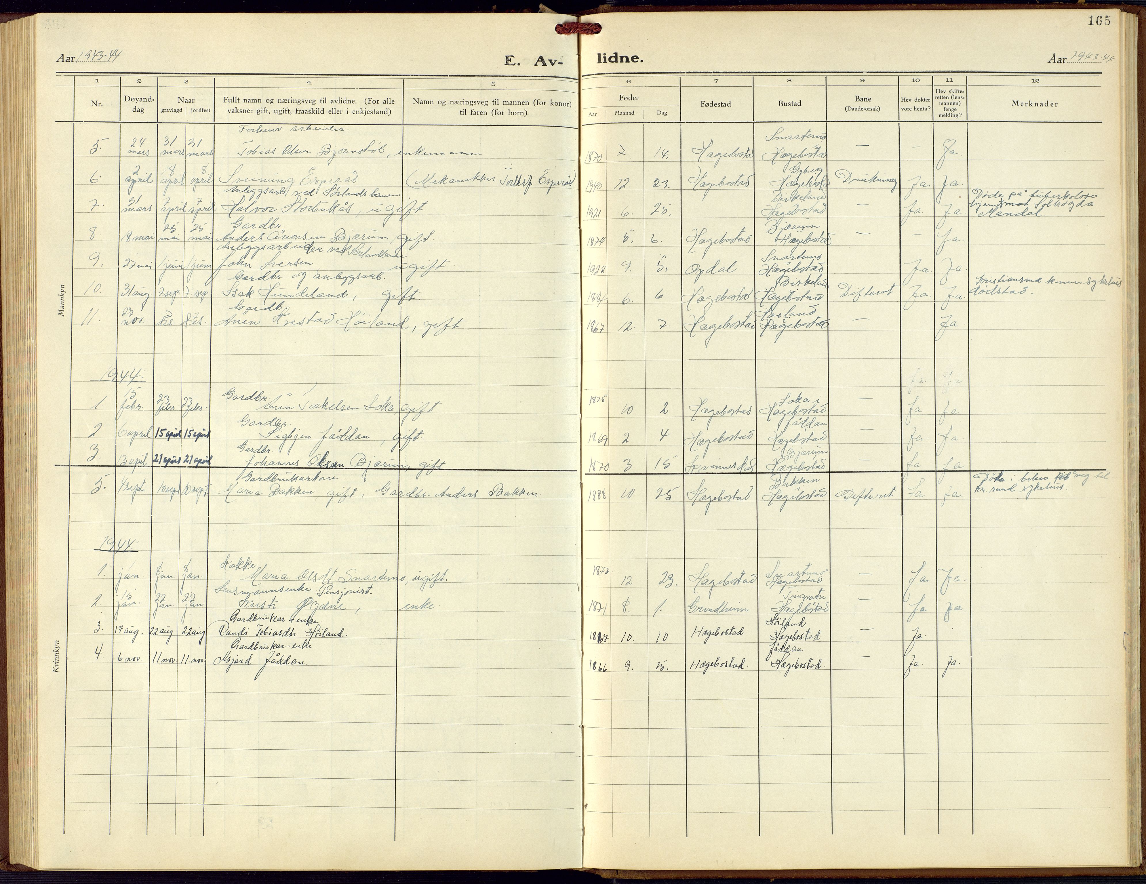 Hægebostad sokneprestkontor, AV/SAK-1111-0024/F/Fb/Fba/L0006: Parish register (copy) no. B 6, 1931-1970, p. 165