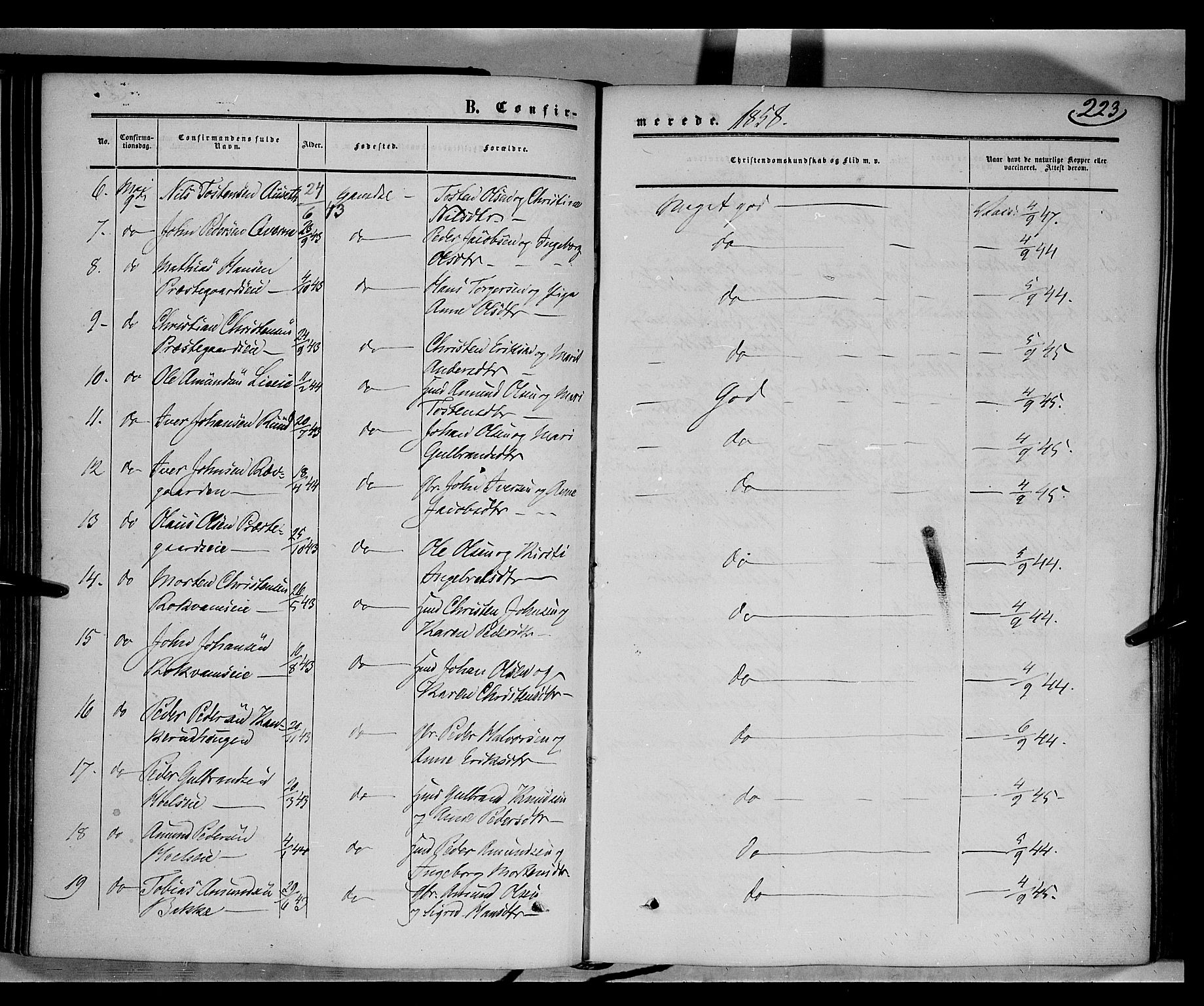 Gausdal prestekontor, SAH/PREST-090/H/Ha/Haa/L0008: Parish register (official) no. 8, 1850-1861, p. 223