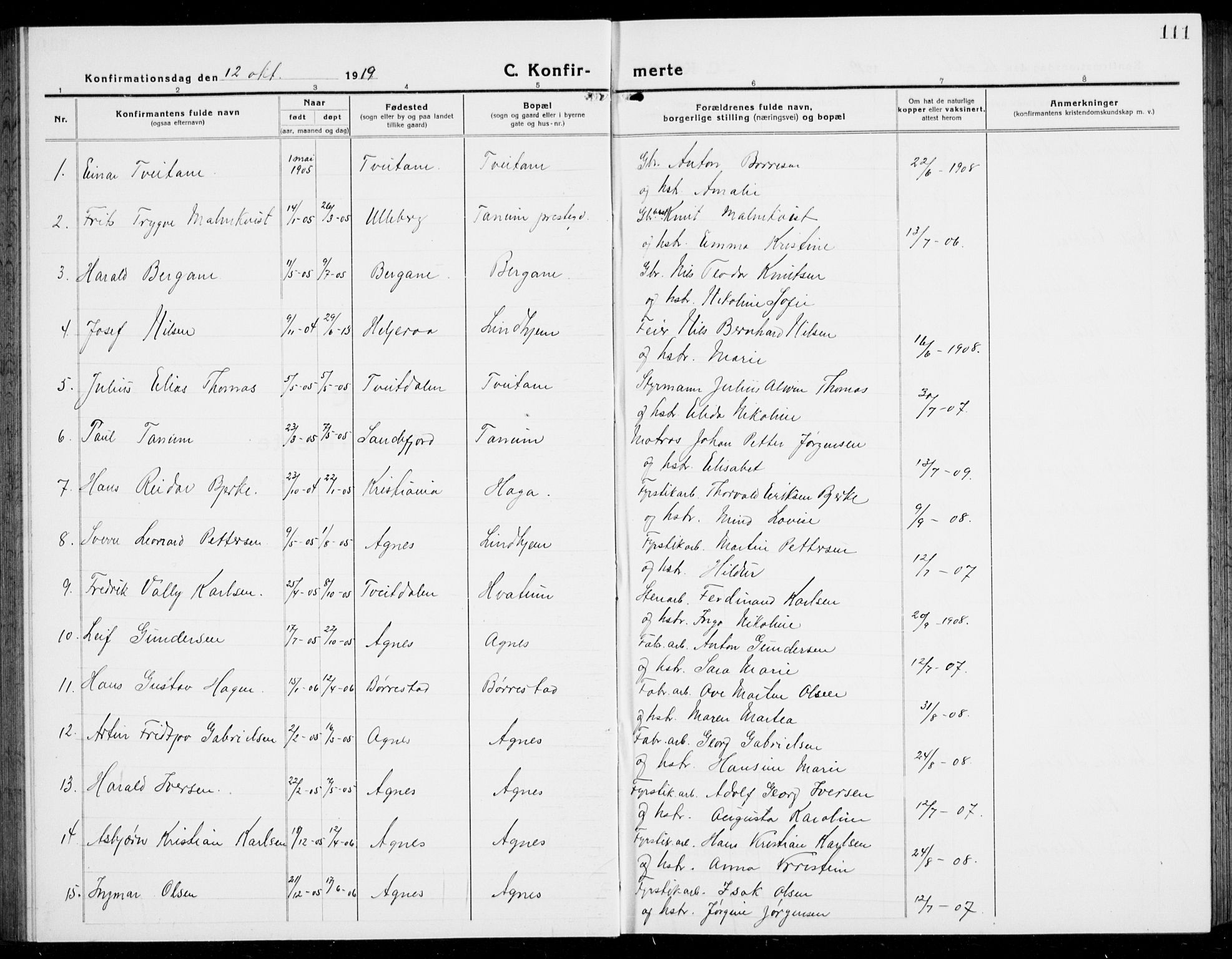 Brunlanes kirkebøker, SAKO/A-342/G/Ga/L0005: Parish register (copy) no. I 5, 1918-1941, p. 111
