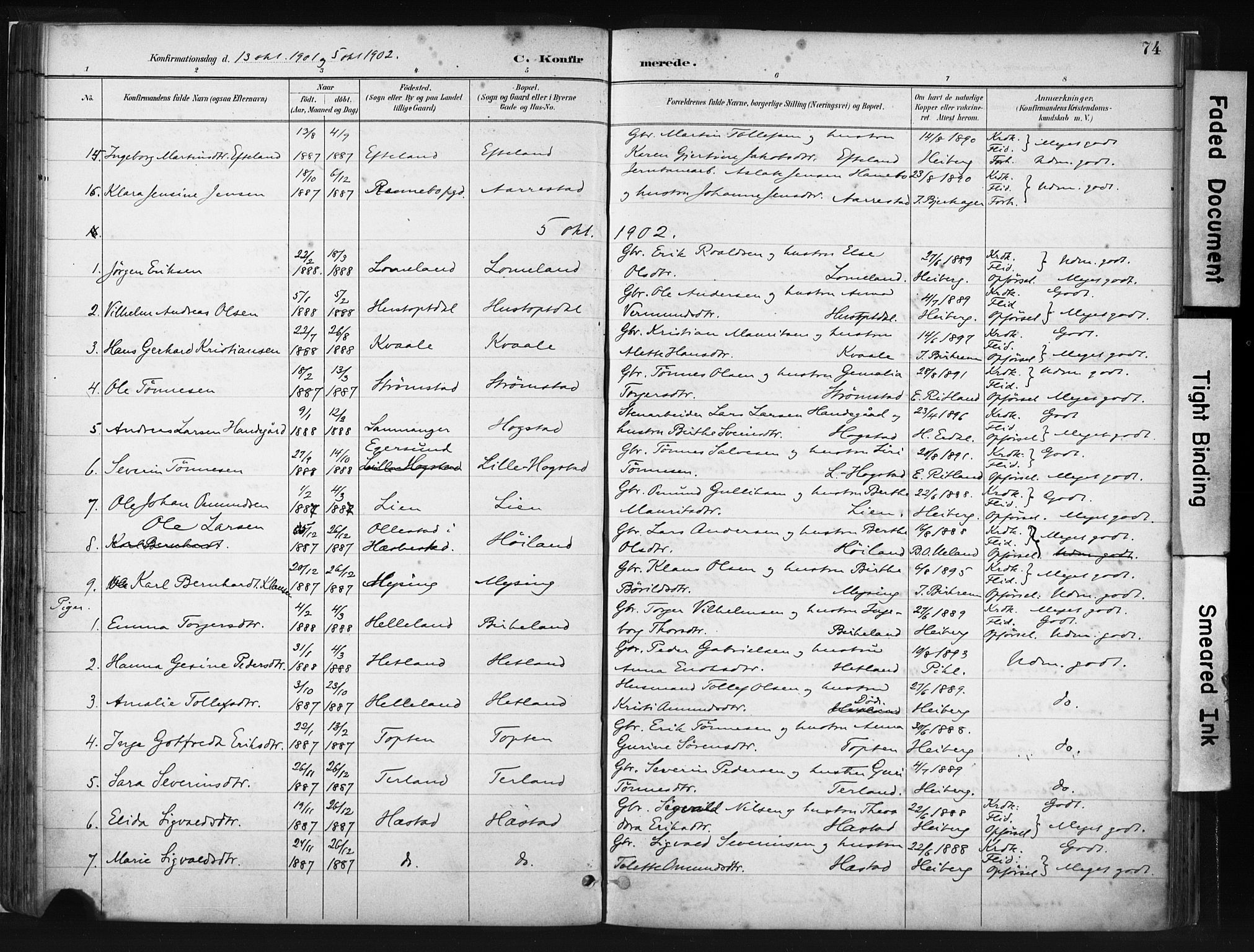 Helleland sokneprestkontor, SAST/A-101810: Parish register (official) no. A 8, 1887-1907, p. 74